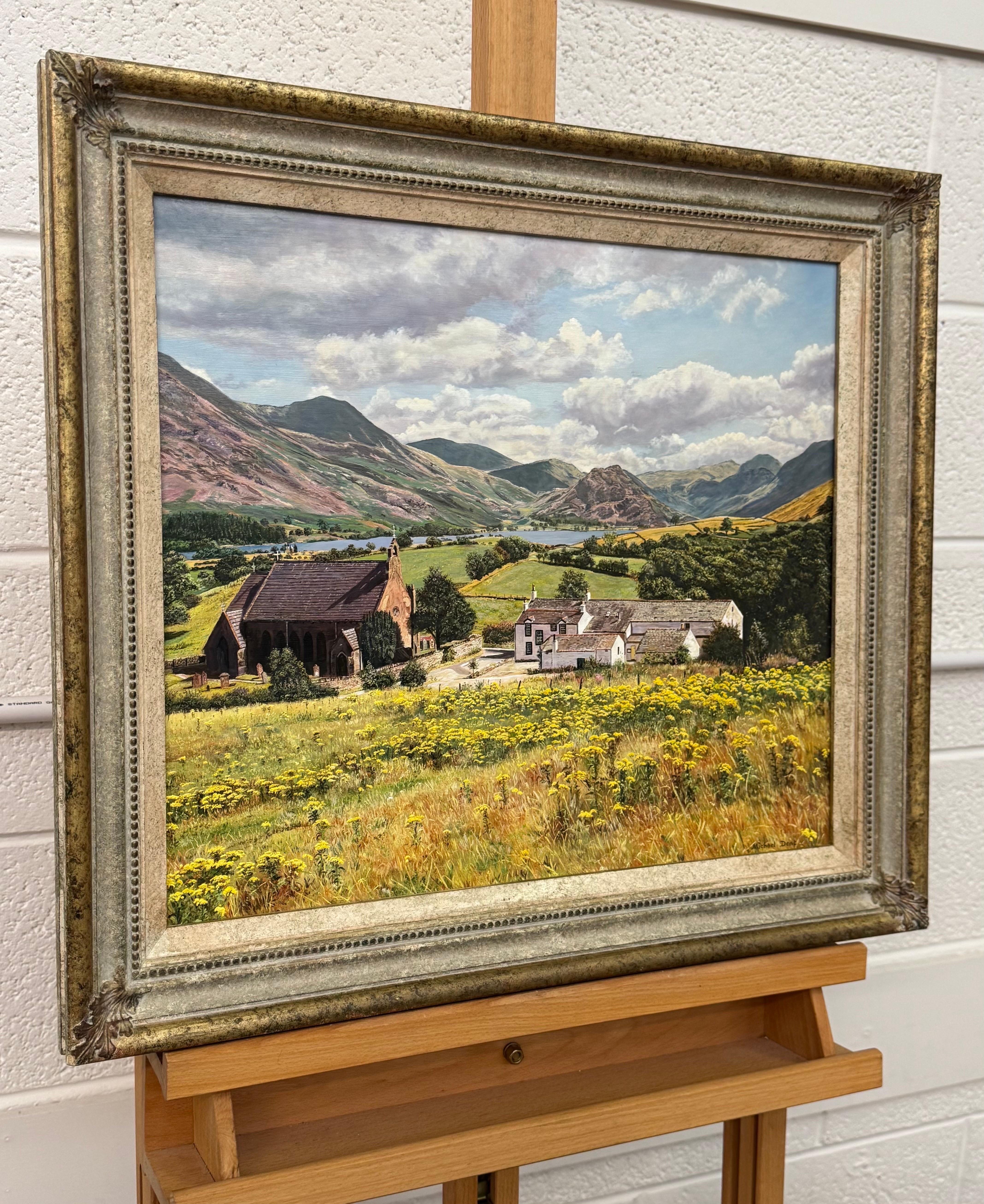 Paesaggio inglese con chiesa, fattoria e montagne del Lake District sullo sfondo - Painting di Michael Dent