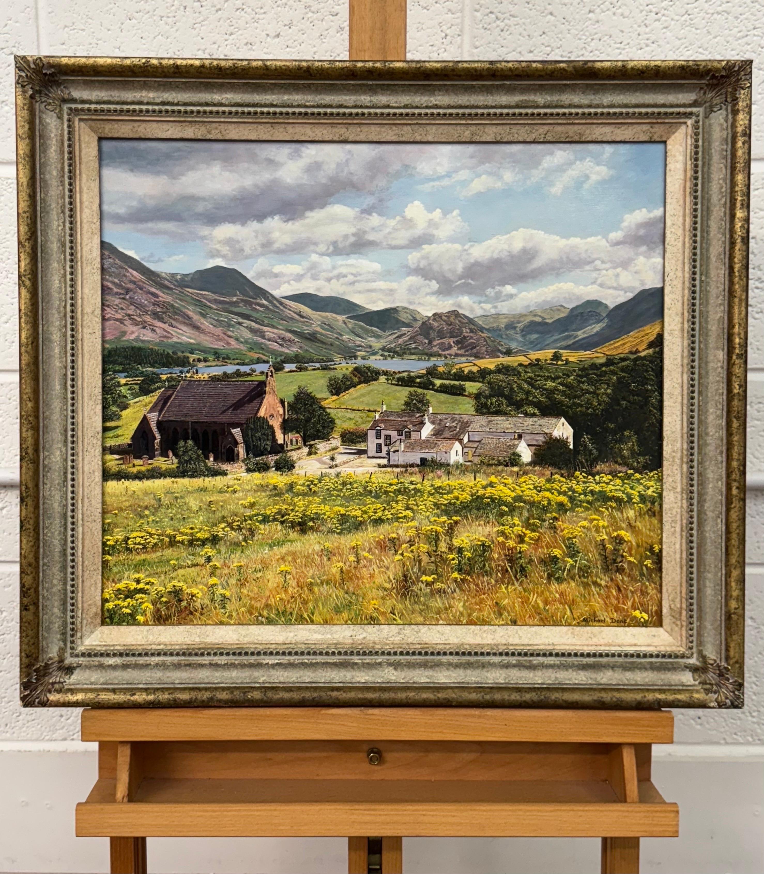 Paesaggio inglese con chiesa, fattoria e montagne del Lake District sullo sfondo - Painting Realismo di Michael Dent