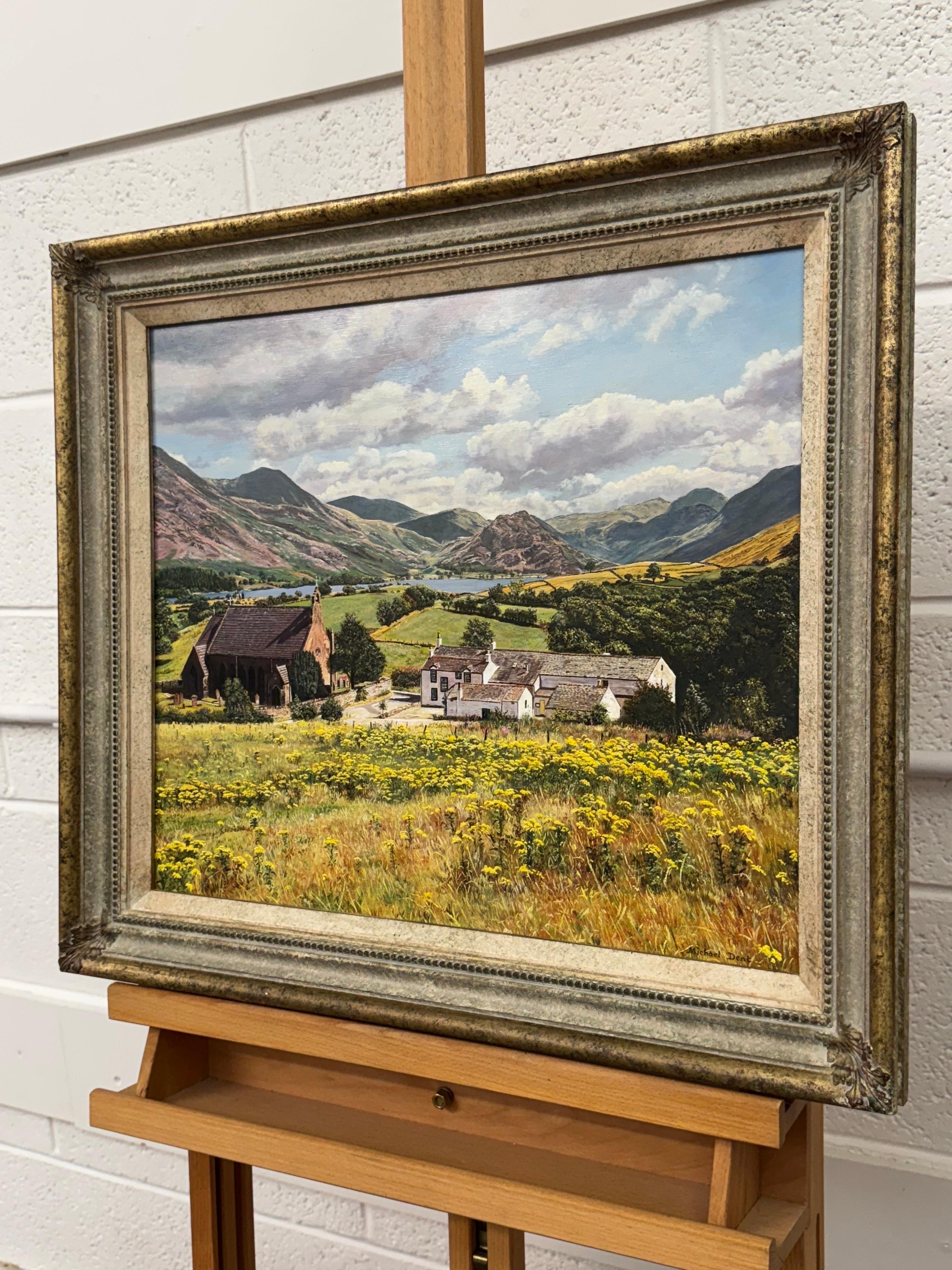 Paesaggio inglese con chiesa, fattoria e montagne del Lake District sullo sfondo - Figurative Painting Marrone di Michael Dent