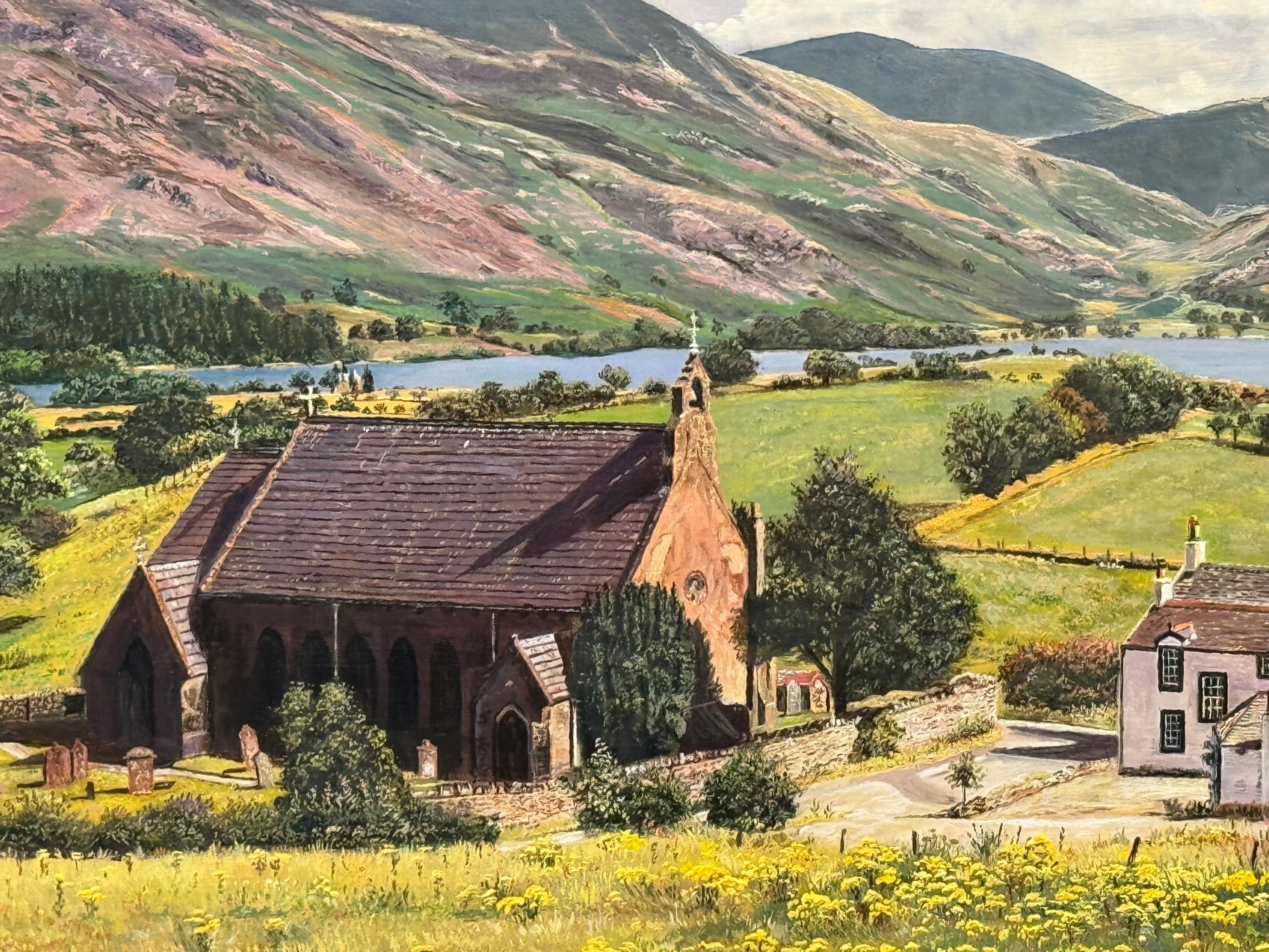 Paesaggio inglese di una chiesa e di una fattoria con le montagne del Lake District sullo sfondo, opera dell'artista britannico del XX secolo, Michael Dent

L'arte misura 20 x 16 pollici
La cornice misura 24 x 20 pollici

Questo splendido dipinto di