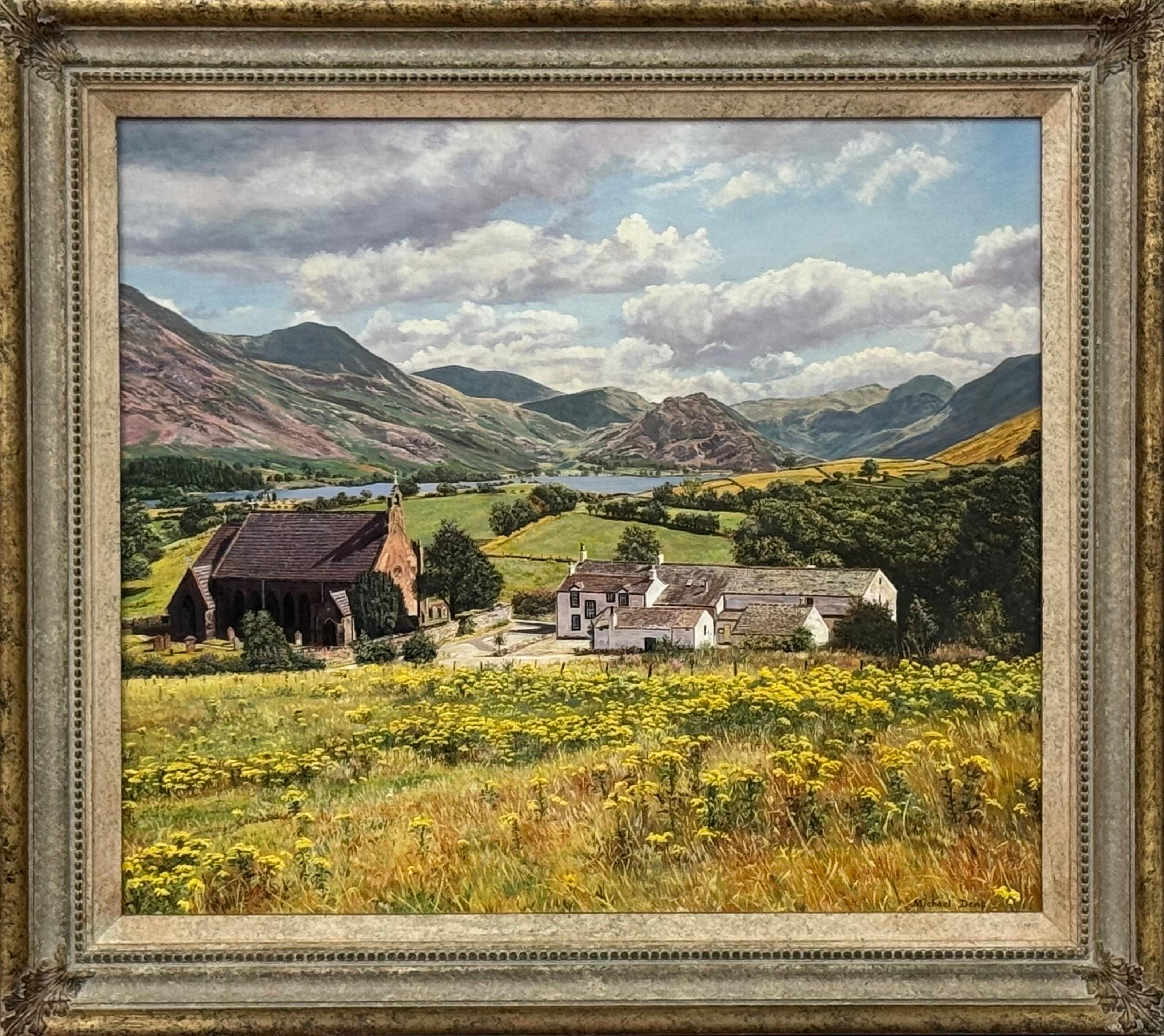 Figurative Painting di Michael Dent - Paesaggio inglese con chiesa, fattoria e montagne del Lake District sullo sfondo