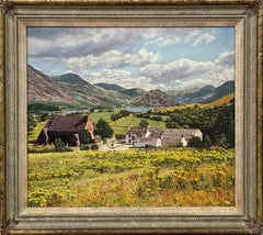 English Landscape of Church, Farmhouse & Lake District Mountains in Background