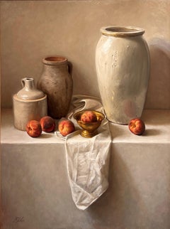 "Comunione di pesche" (2015) di Michael DeVore, olio su tela, pittura di natura morta
