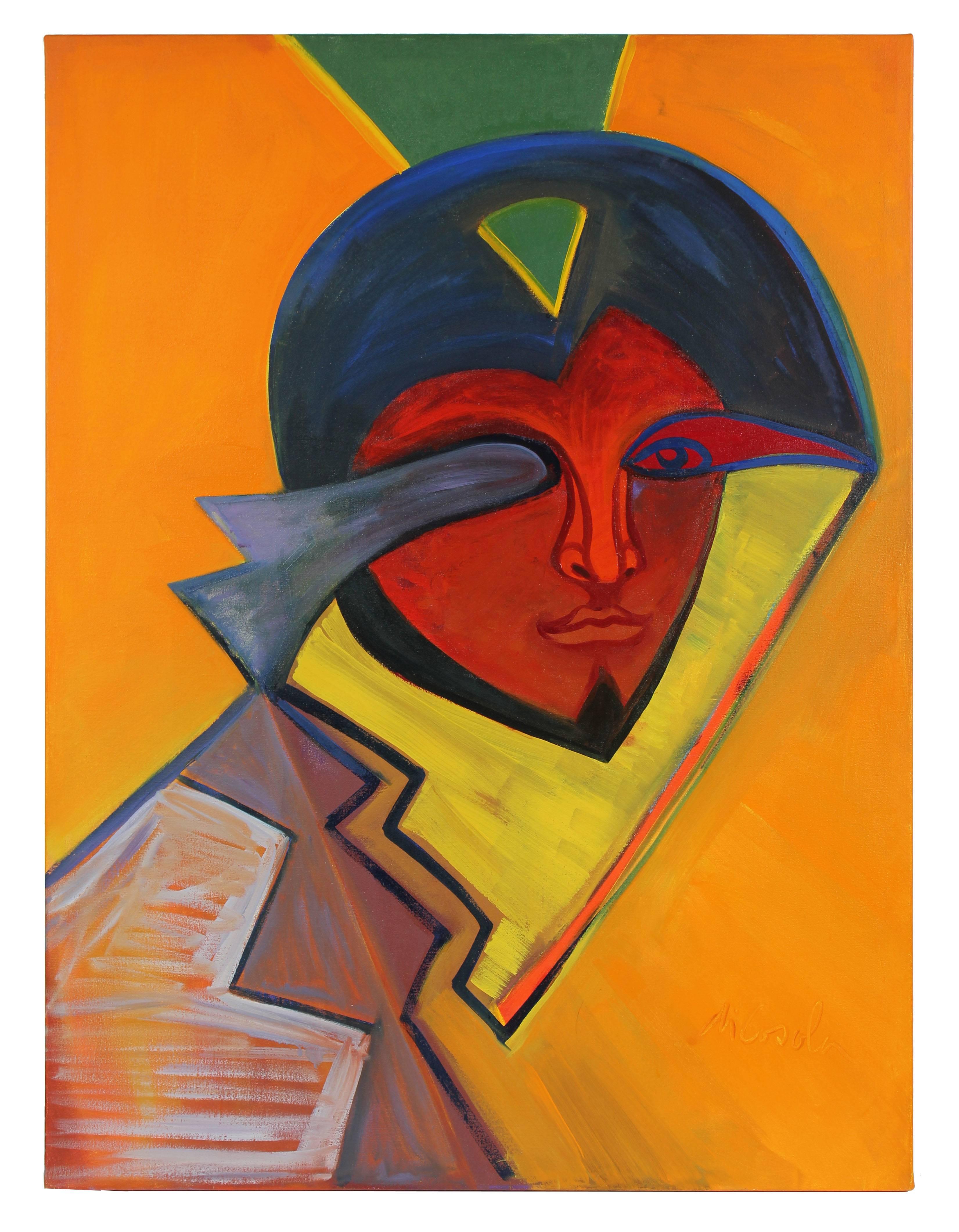 Michael di Cosola Abstract Painting - Large Colorful Abstracted Portrait in Oil on Canvas, 20th Century