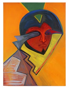Large Colorful Abstracted Portrait in Oil on Canvas, 20th Century