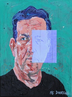 Self-Portrait with Aqua Background and Lavender Woodcut
