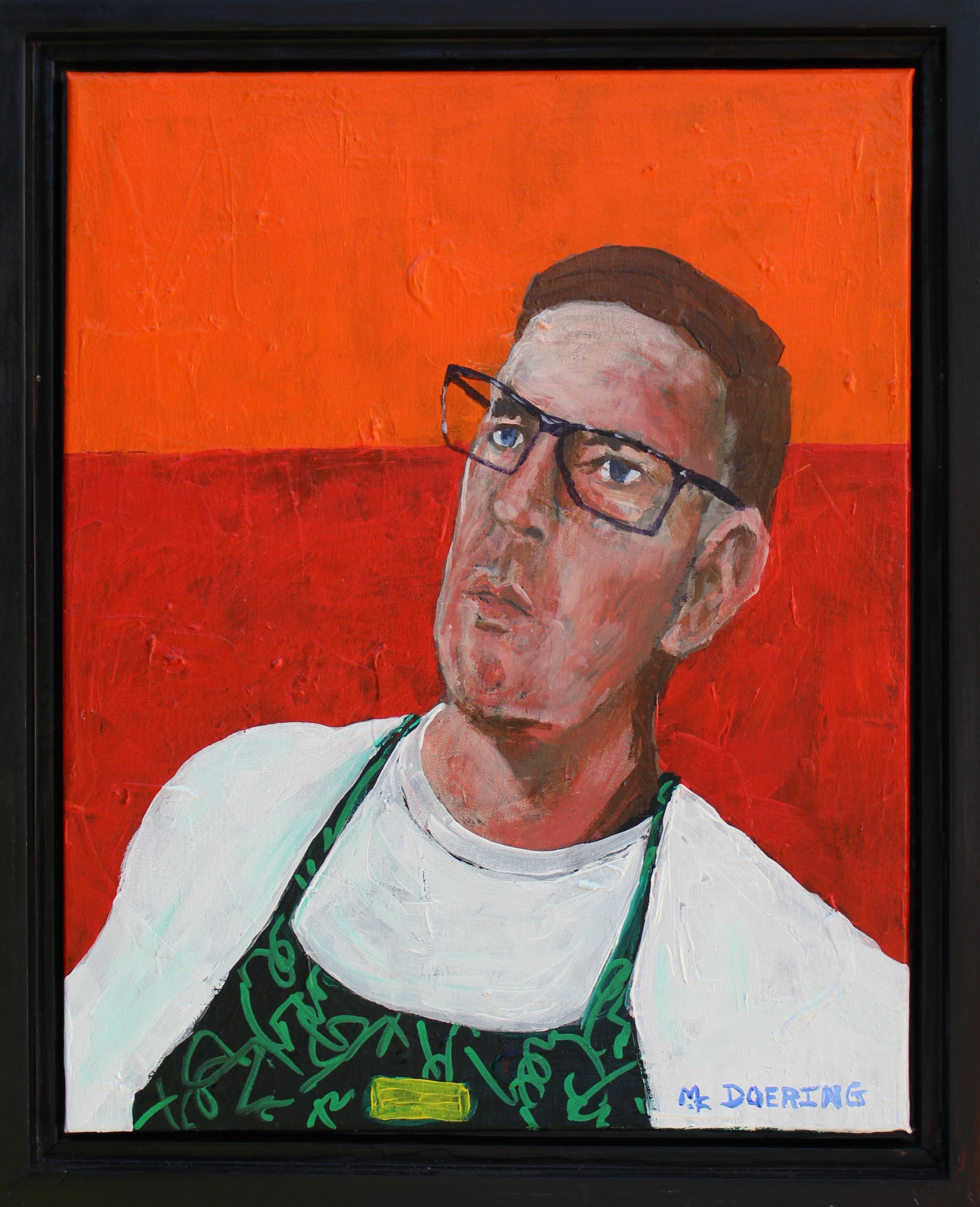 Self-Portrait avec fond orange et rouge - Painting de Michael Doering