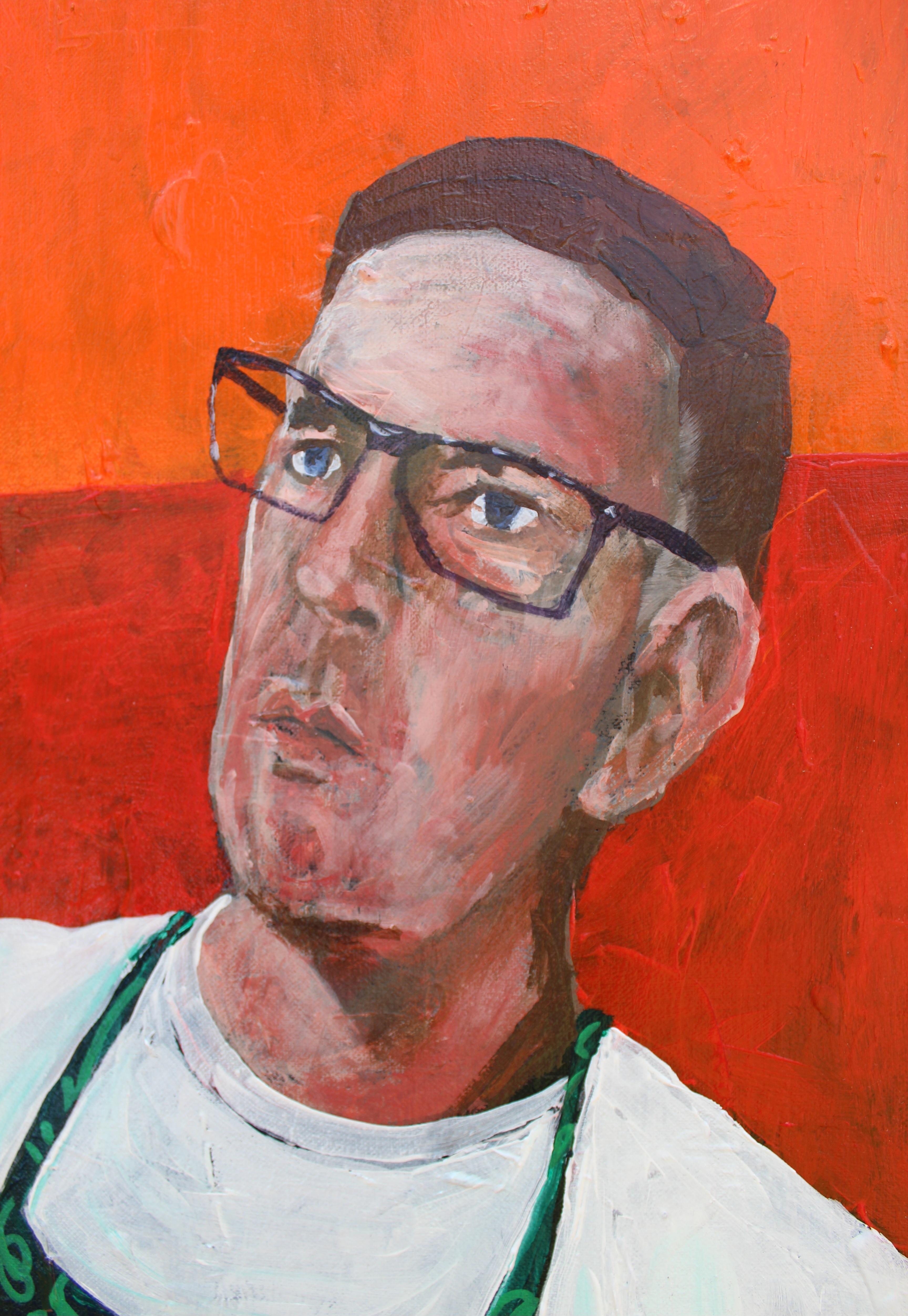Self-Portrait avec fond orange et rouge - Expressionniste Painting par Michael Doering