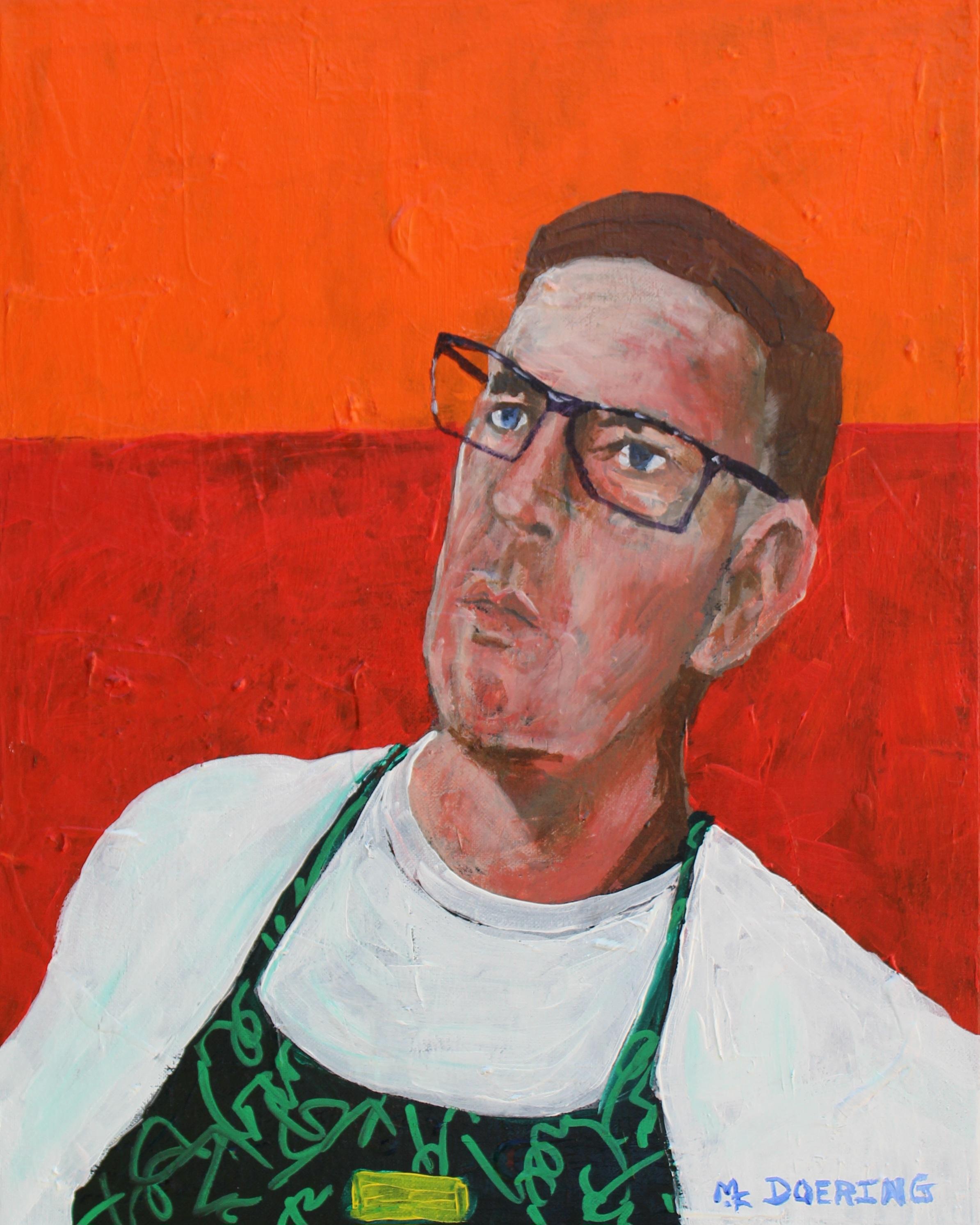 Portrait Painting Michael Doering - Self-Portrait avec fond orange et rouge
