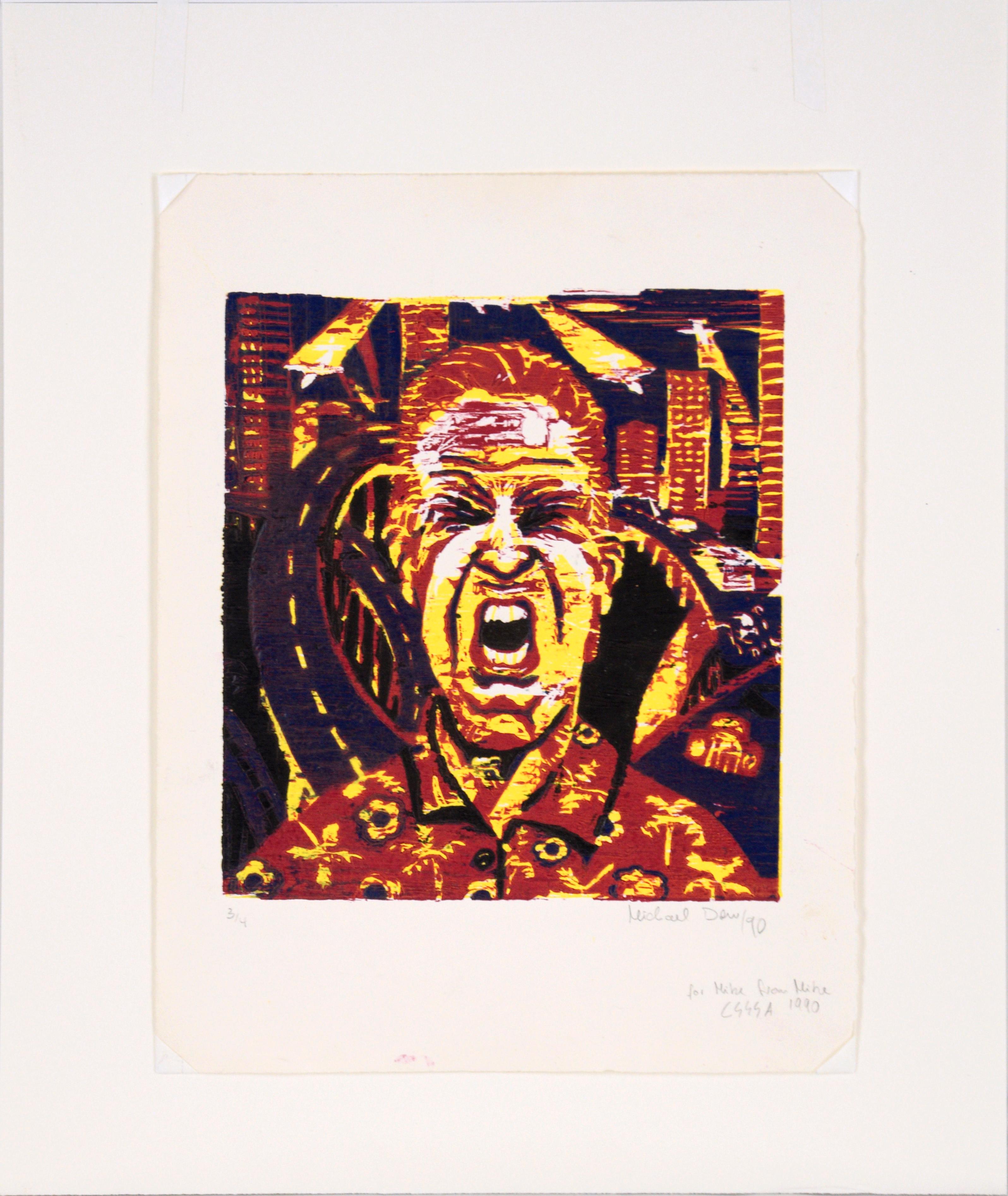 Portrait of Modern Man - Multilayer Woodblock in Ink on Paper - American Modern Print by Michael Dow