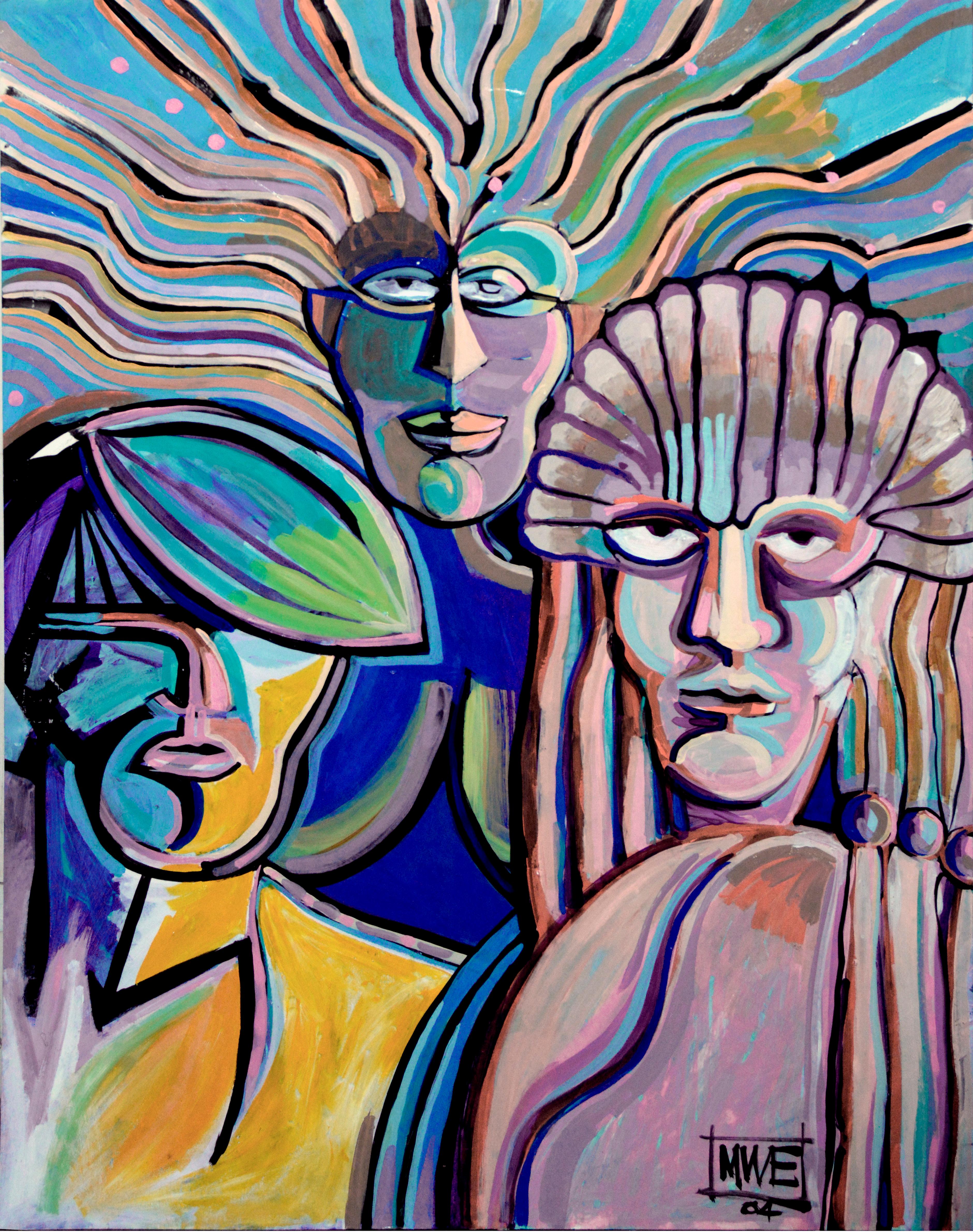 Tre figure, contemporaneo astratto espressionista cosmico visionario figurativo