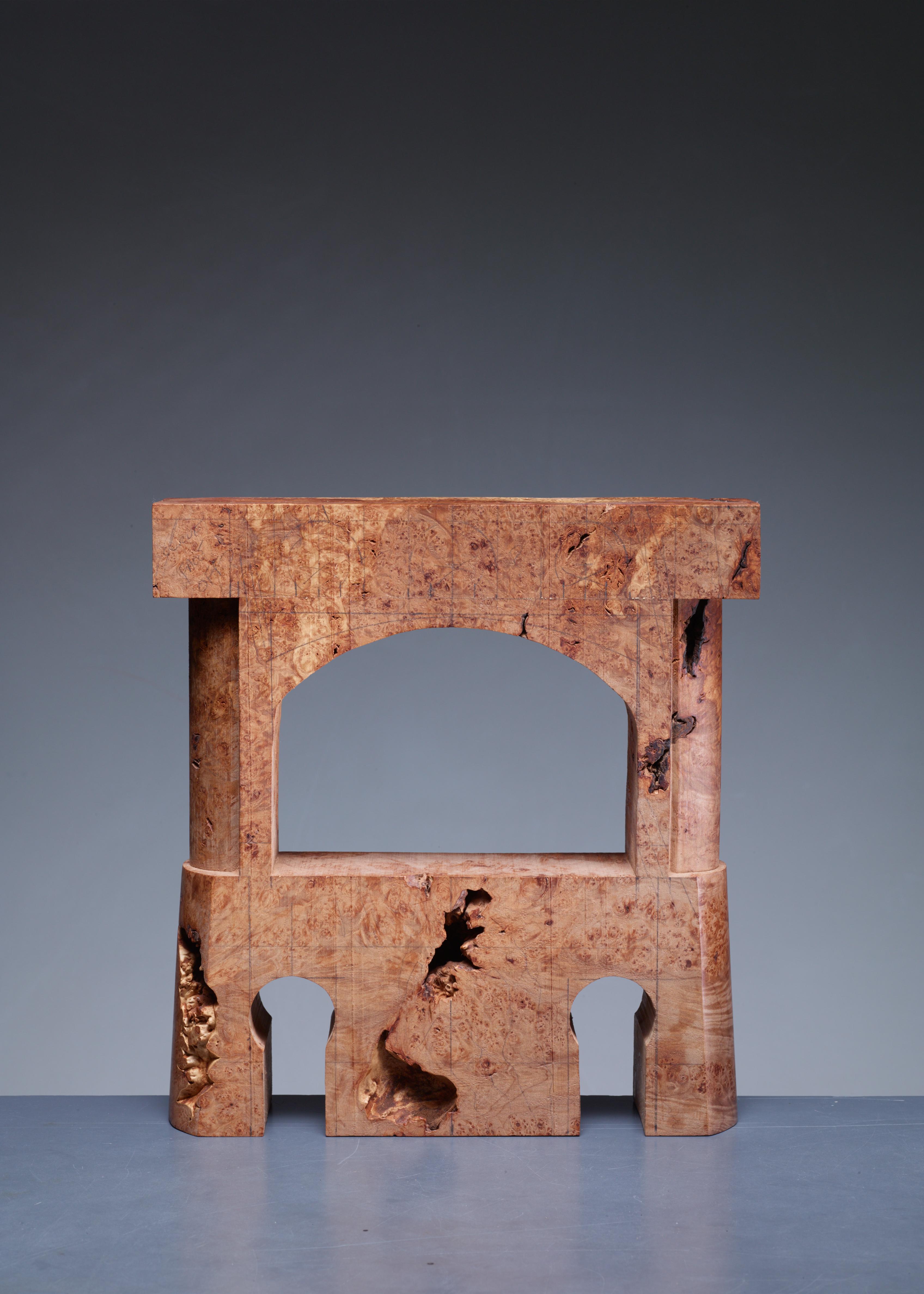 An architectural maple burl sculpture by American woodworker Michael Elkan. The piece was intended to be a box, but wasn't finished. It still shows the pencil lines of the artist.

Michael Elkan (1942 – 2014) was an American designer, craftsman