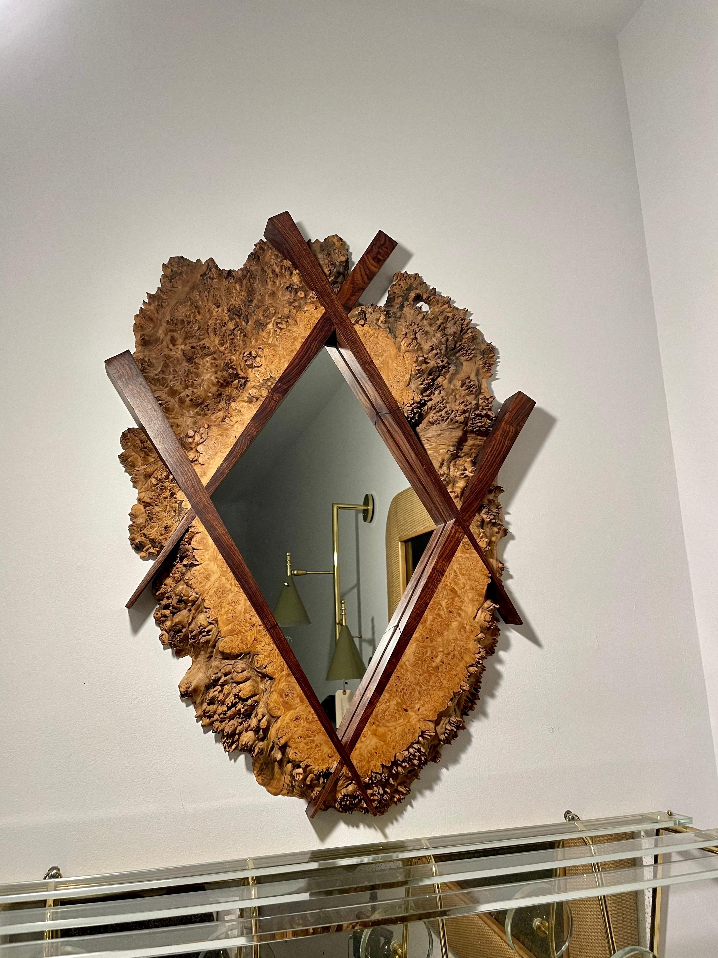 Phenomenal organic tree section of maple burl and framed with walnut - intricately crafted and pencil signed to verso (faded partial signature still noticeable). Diamond shaped mirror - all vintage.