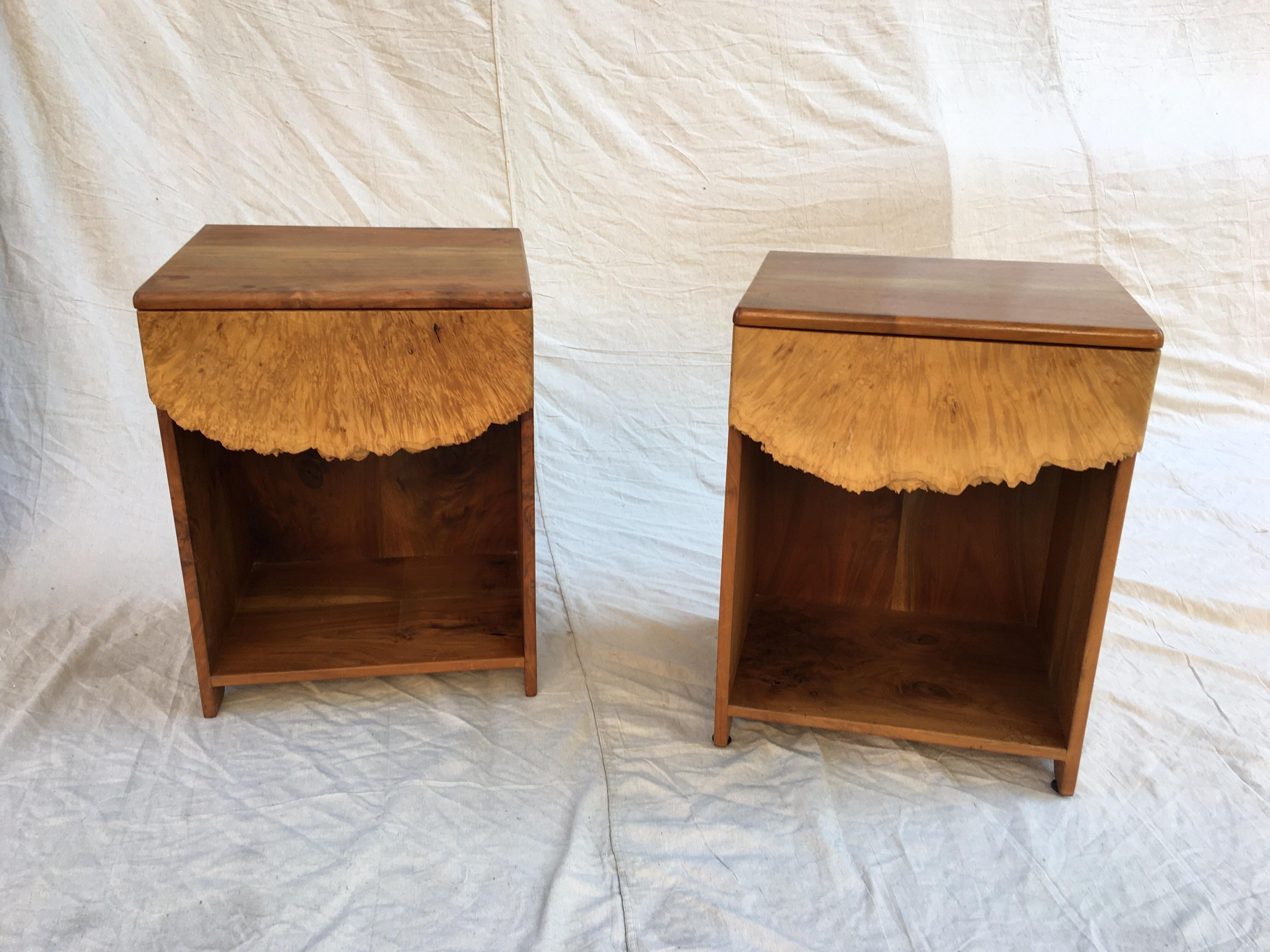 Michael Elkan pair of walnut and burled maple nightstands. Designed and executed in 1988 for Philadelphia customers. Met and commissioned the artist when they met him at the Baltimore craft fair. Unique design and beautifully made. One top has had