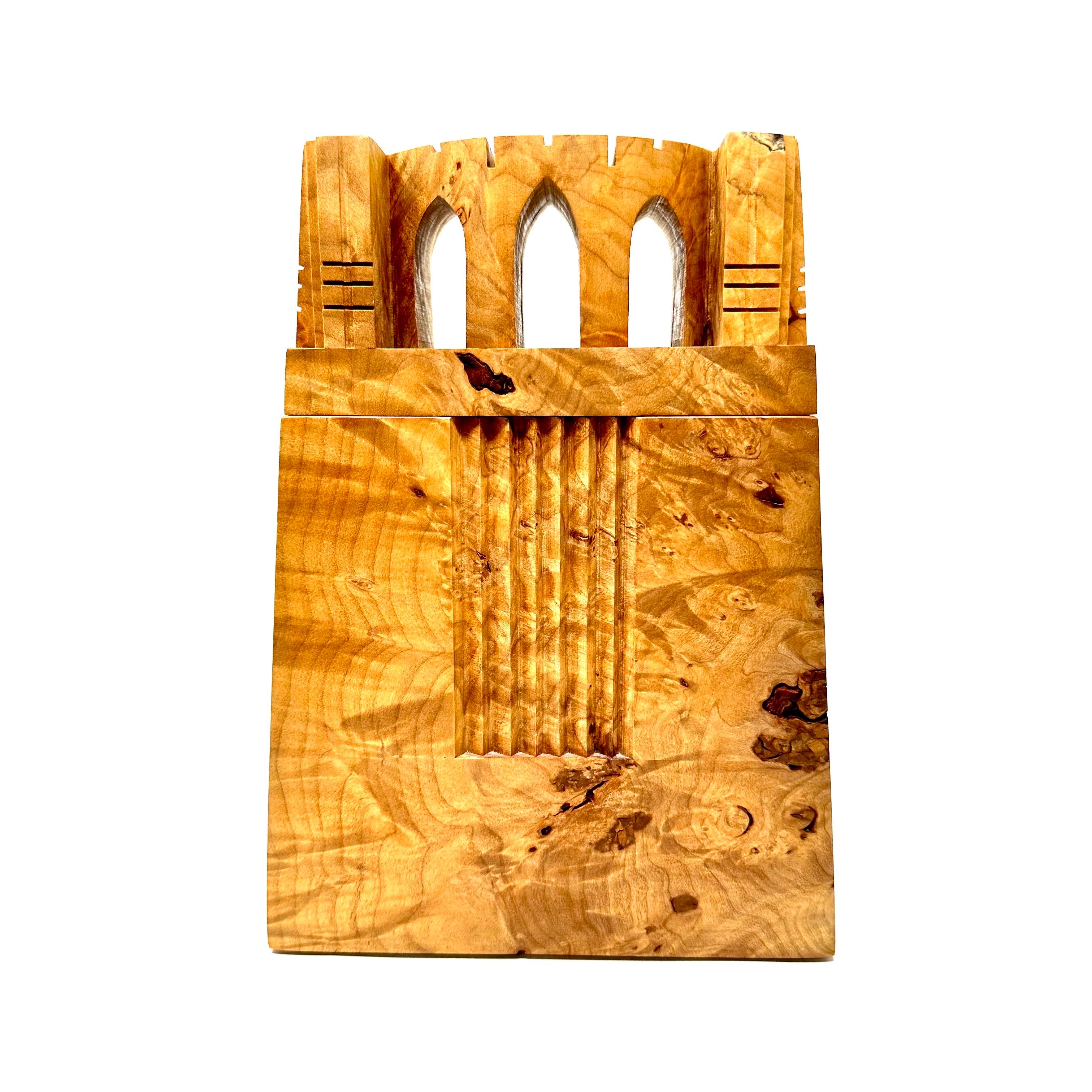 Hand-carved birdseye maple burl box by Michael Elkan Studios, Silverton, Oregon. Titled “Castles #14,” this is a beautifully carved piece, showcasing the distinctive grain and qualities of the wood. Stamped on the underside, with the original