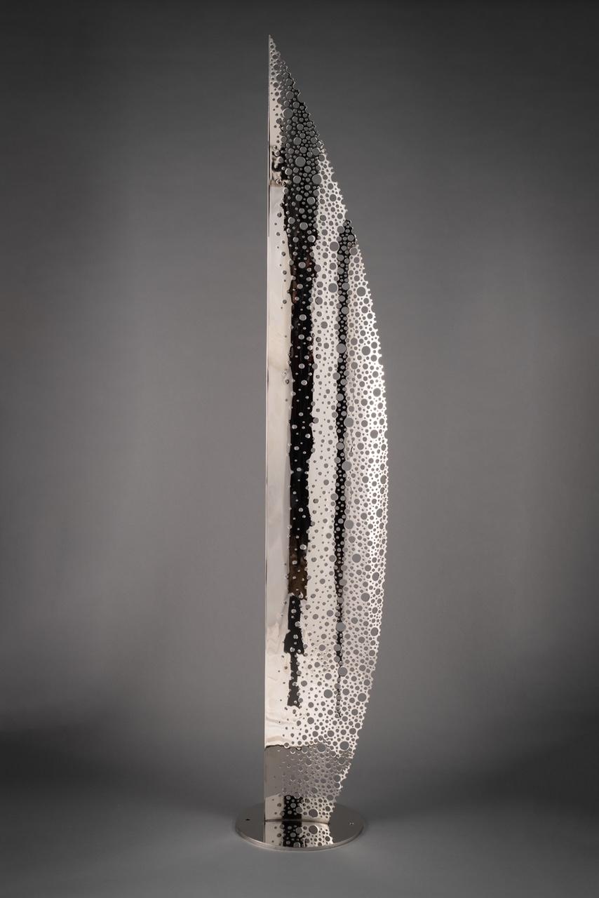 Michael Enn Sirvet Abstract Sculpture - "Eidolon", Minimalist Abstract Metal Sculpture in Reflective Nickel-Plated Steel