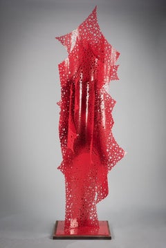 "Flairing Bastion", scultura astratta minimalista in metallo, alluminio verniciato di rosso