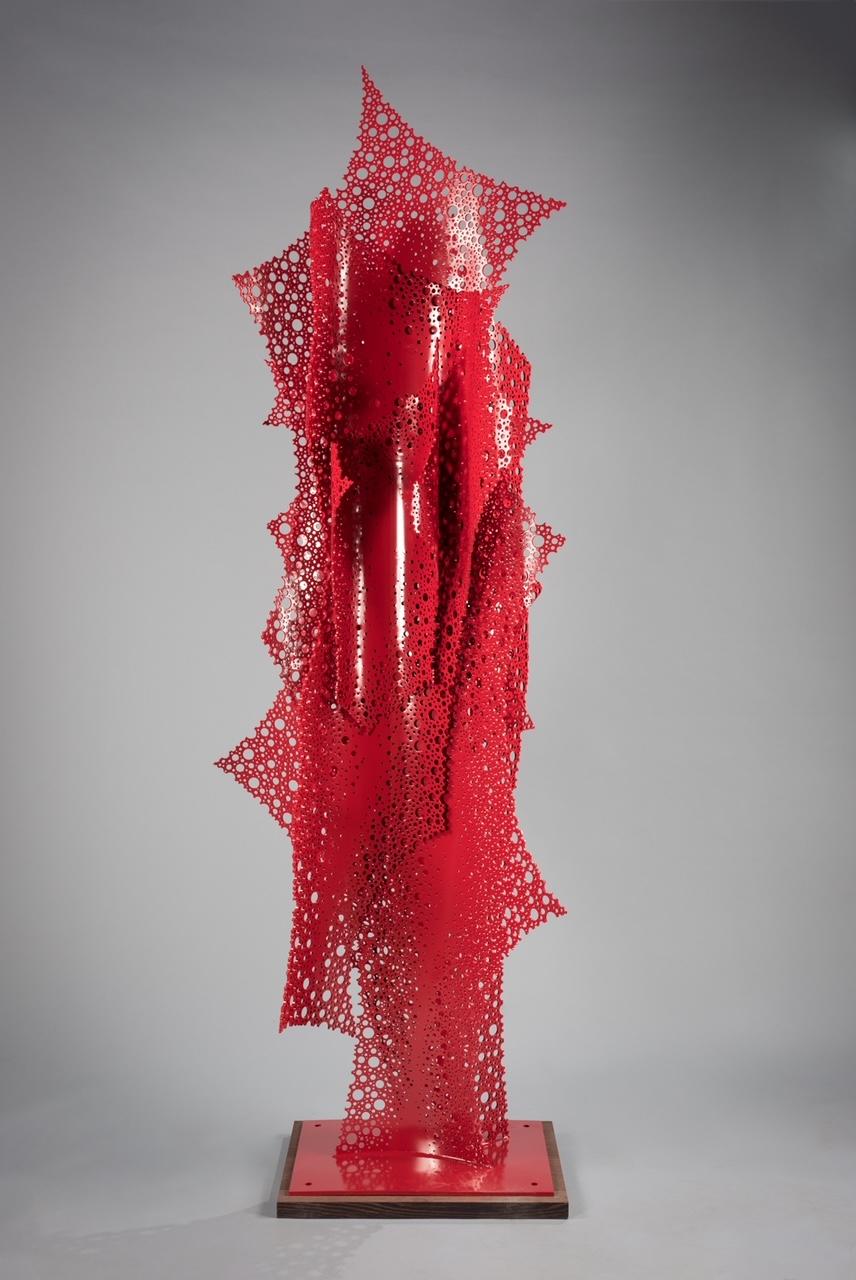 Michael Enn Sirvet Abstract Sculpture - "Flairing Bastion", Minimalist Abstract Metal Sculpture, Aluminum Painted Red