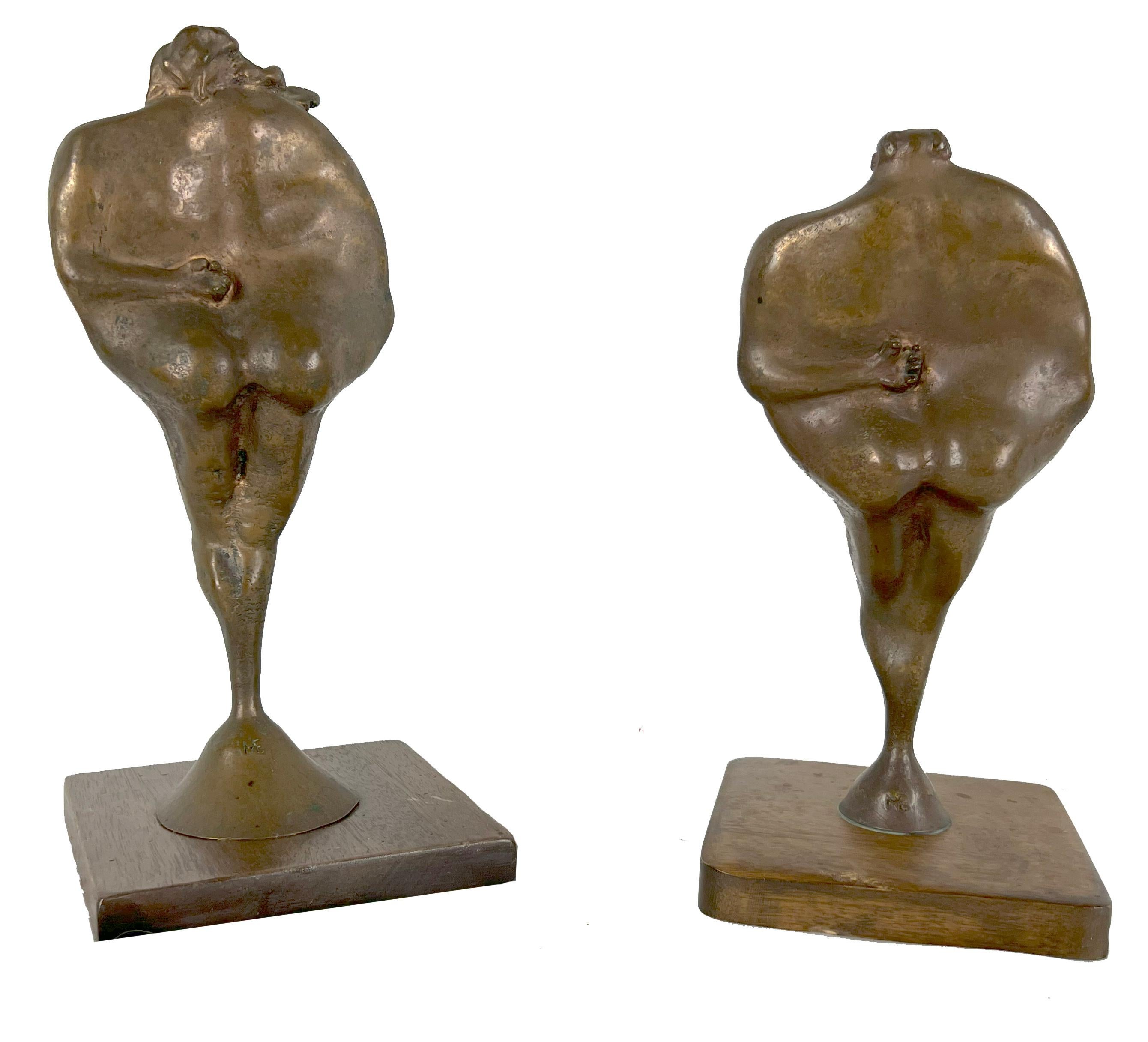 Two Figures Bronze Sculptures Modernist style of Botero - Picasso 
Bronze figurative Nude sculptures by San Francisco Bay Area artist Mike Evans (American, 20th-21st C.).
A Pensive man and spontaneous woman with disheveled hair standing up. a blend