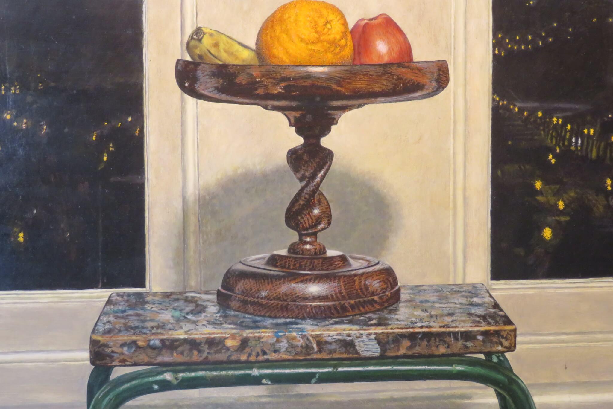 Large Realist STILL LIFE AT NIGHT Oil Painting by English painter Michael Exall - Black Still-Life Painting by Michael Exall 
