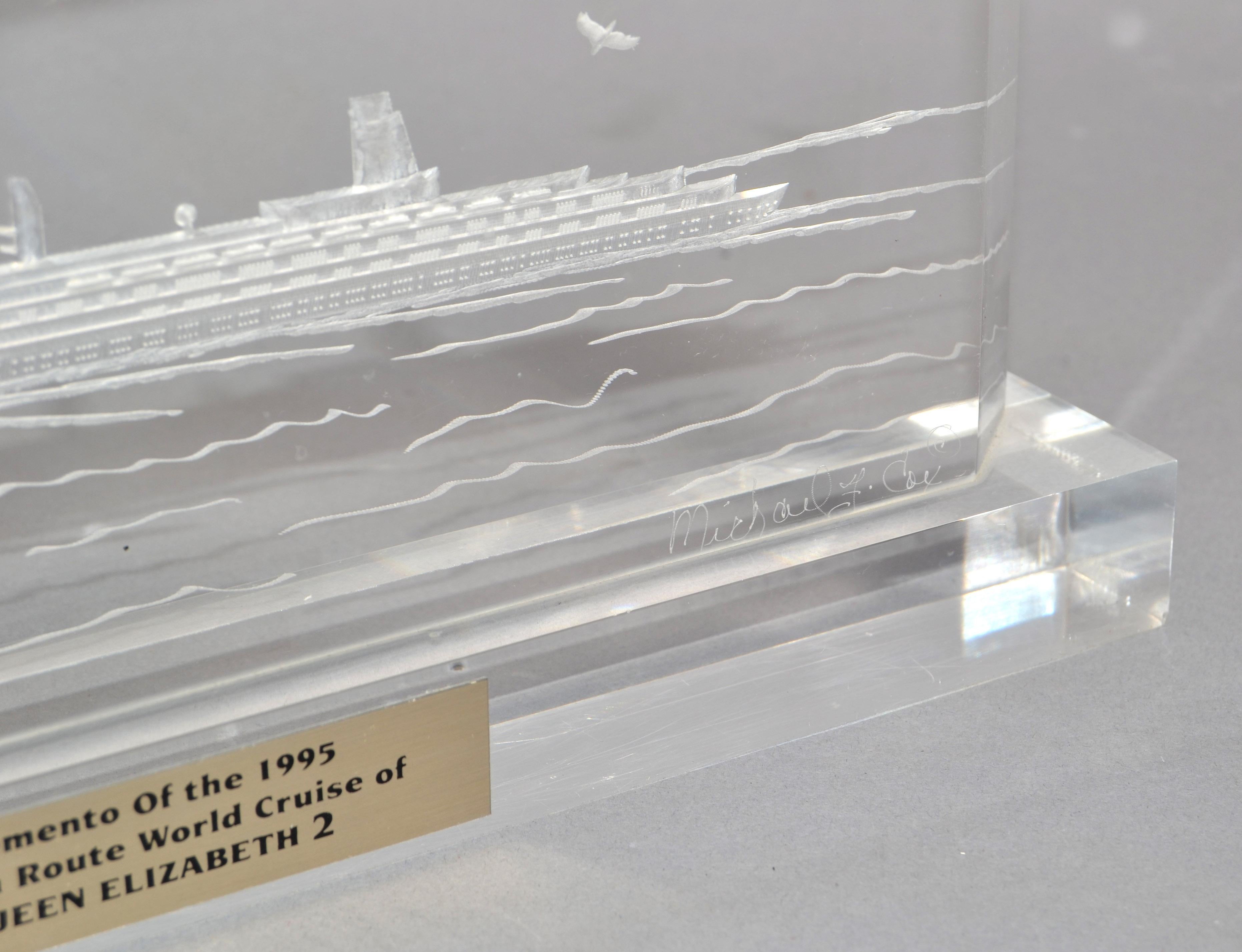 Michael F. COX Reverse Carved Lucite Desk Clock Queen Elizabeth 2 Cruise Ship 95 For Sale 3
