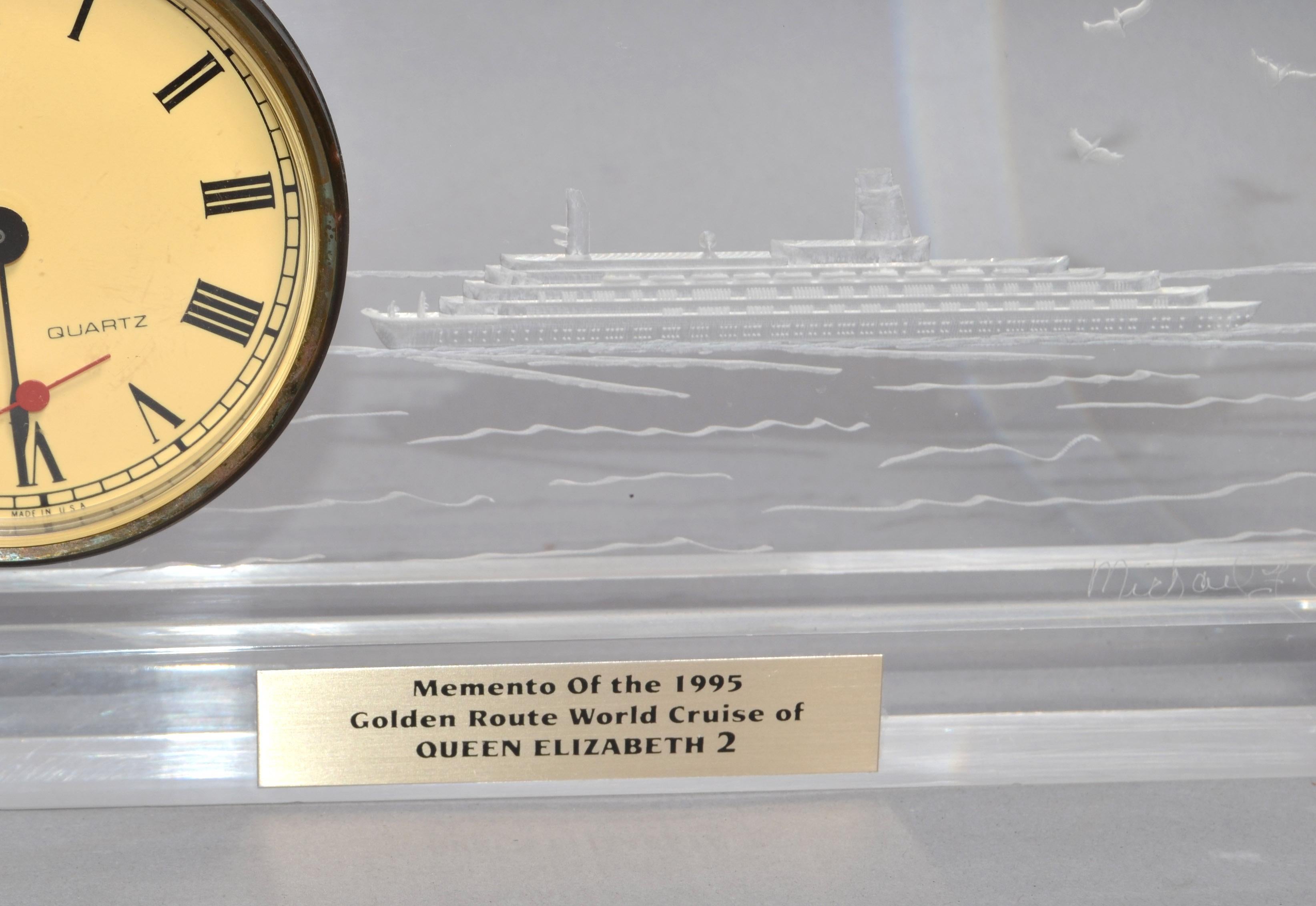 Michael F. COX Reverse Carved Lucite Desk Clock Queen Elizabeth 2 Cruise Ship 95 For Sale 4