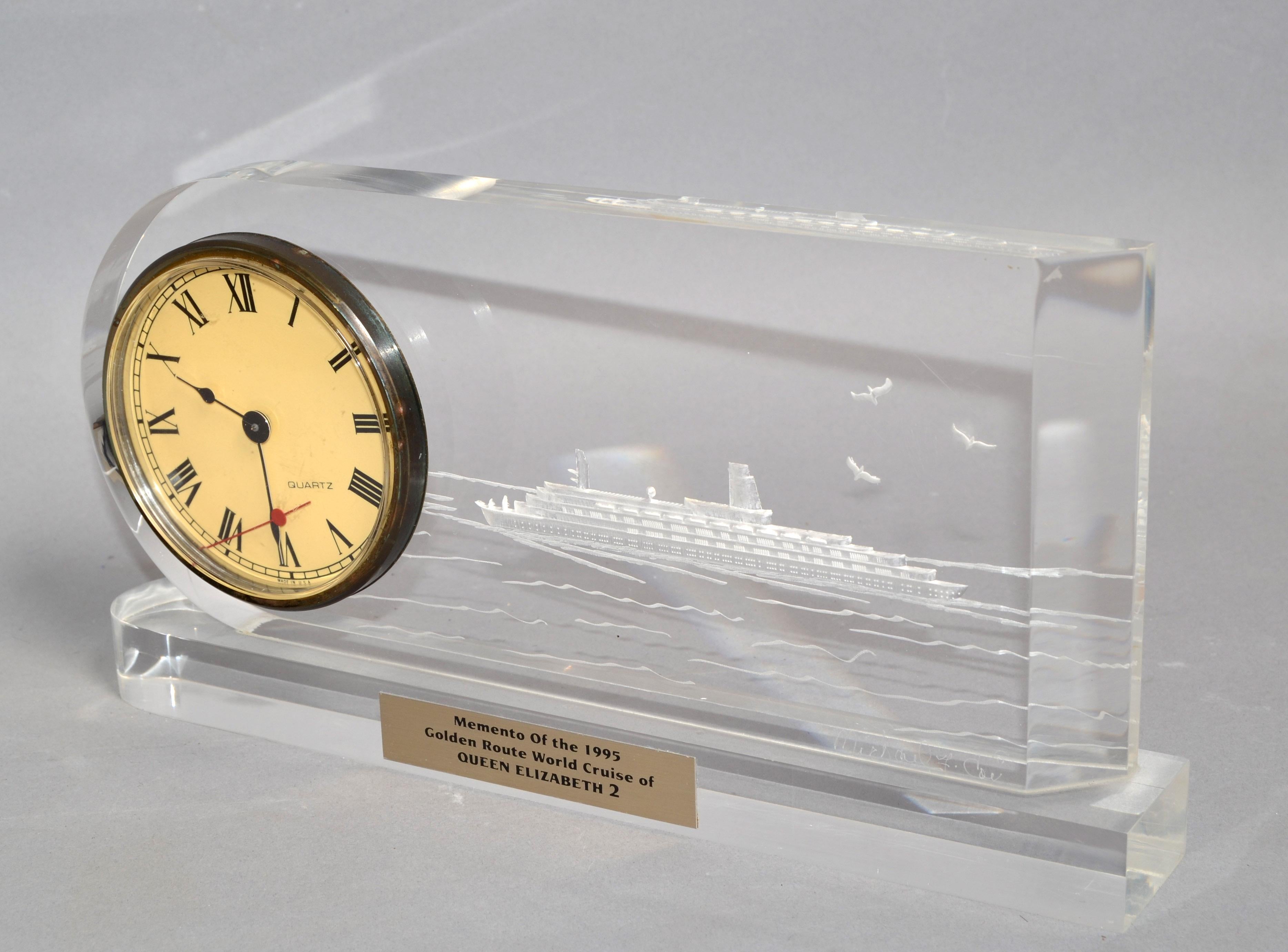 Michael F. COX Reverse Carved Lucite Desk Clock Queen Elizabeth 2 Cruise Ship 95 For Sale 5