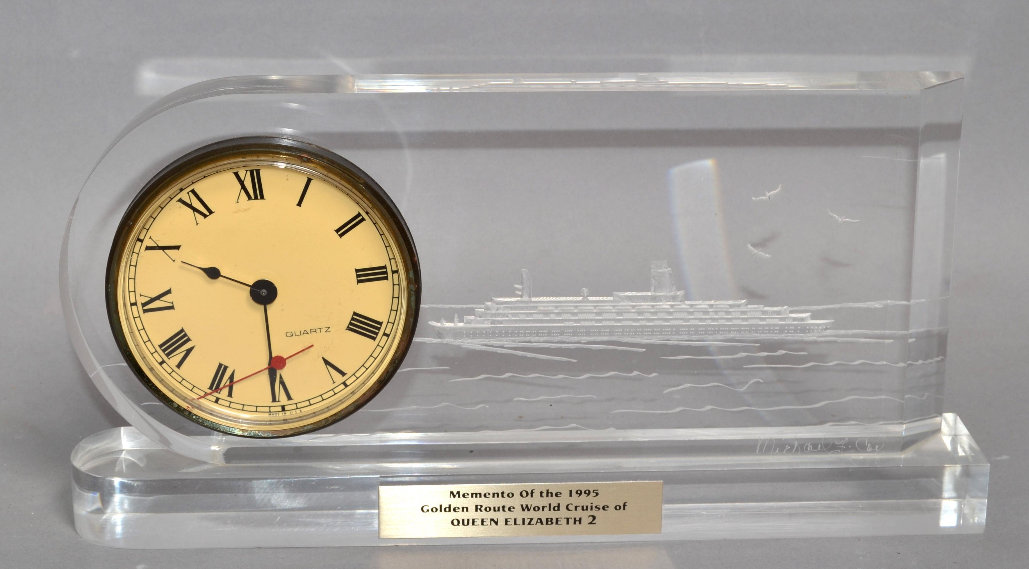 Michael F. COX Reverse Carved Lucite Desk Clock Queen Elizabeth 2 Cruise Ship 95 For Sale 6