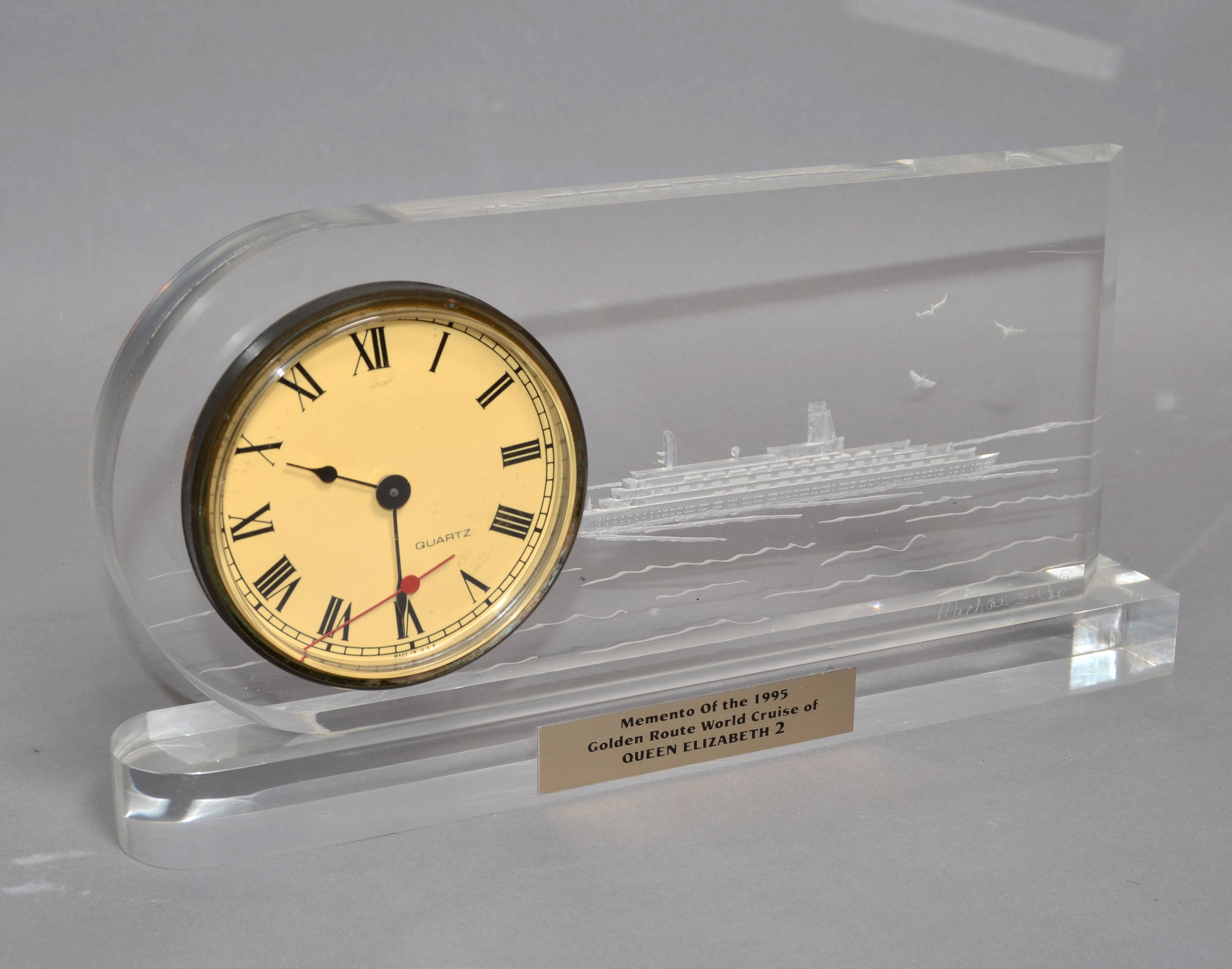Mid-Century Modern Michael F. COX Reverse Carved Lucite Desk Clock Queen Elizabeth 2 Cruise Ship 95 For Sale