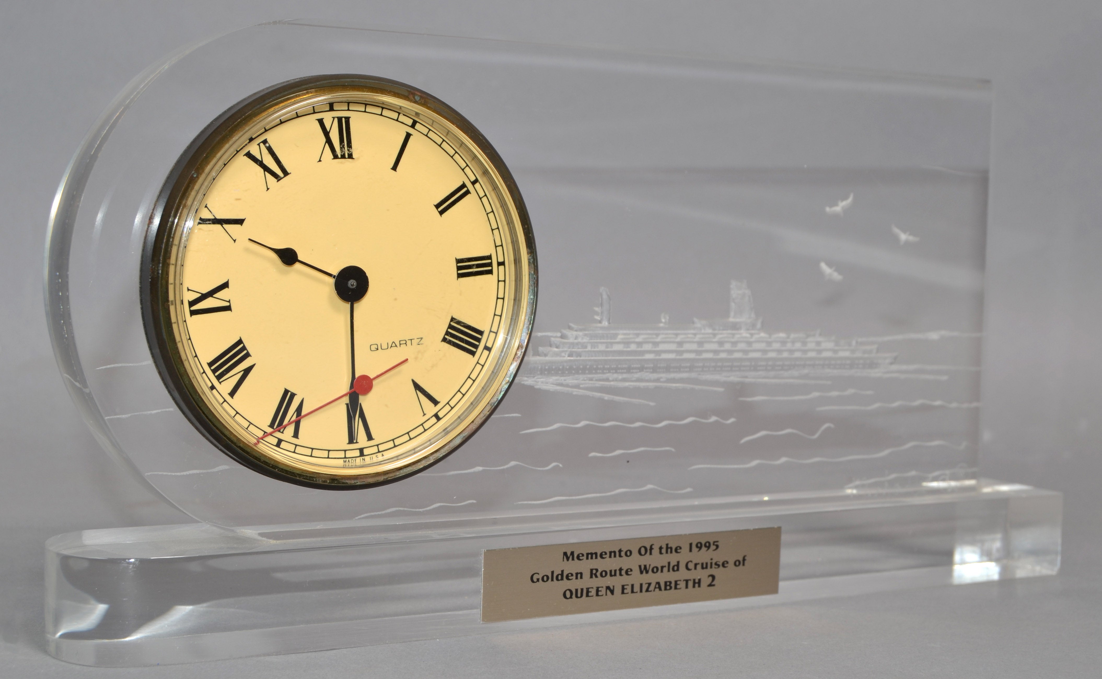 American Michael F. COX Reverse Carved Lucite Desk Clock Queen Elizabeth 2 Cruise Ship 95 For Sale