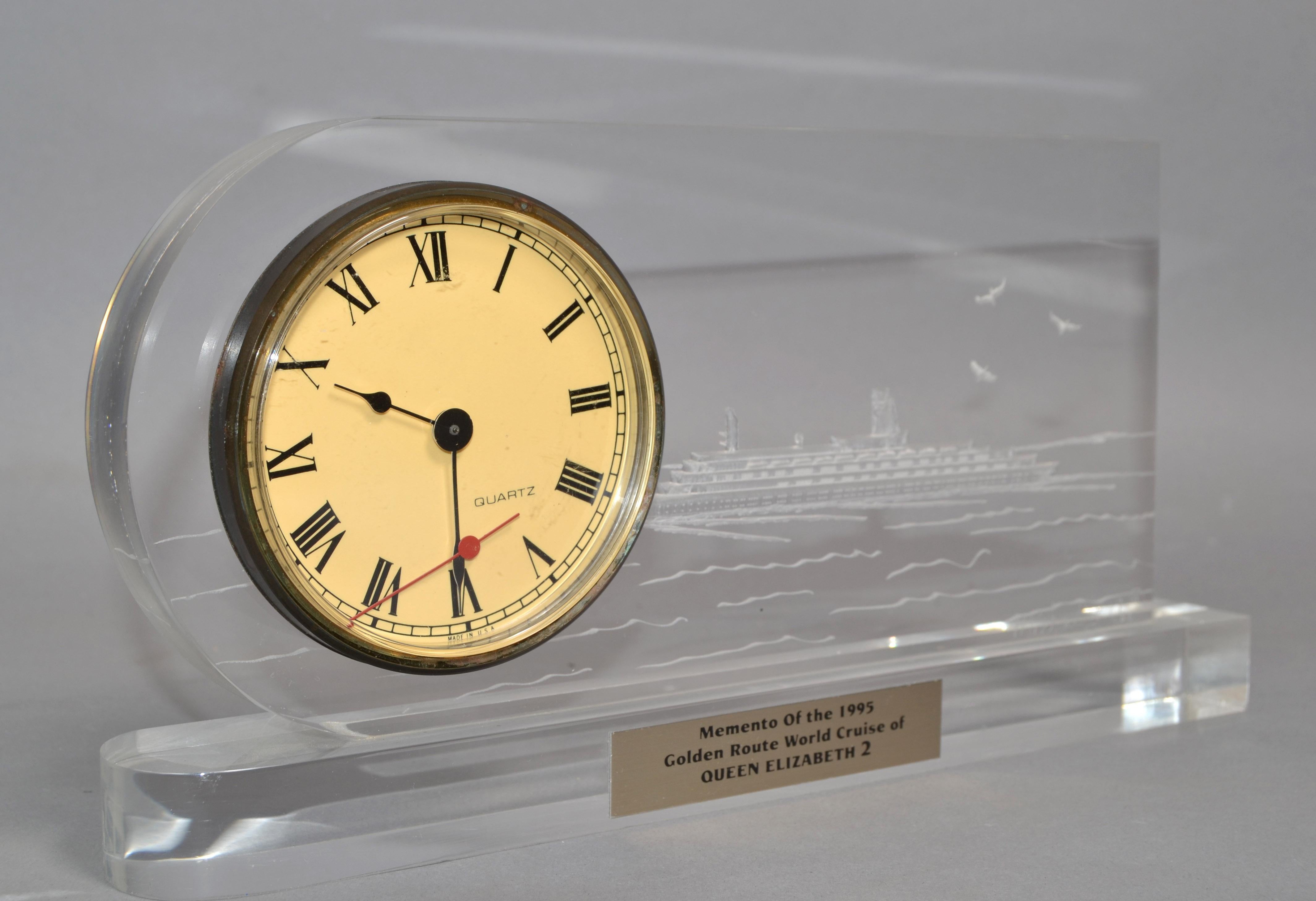 20th Century Michael F. COX Reverse Carved Lucite Desk Clock Queen Elizabeth 2 Cruise Ship 95 For Sale