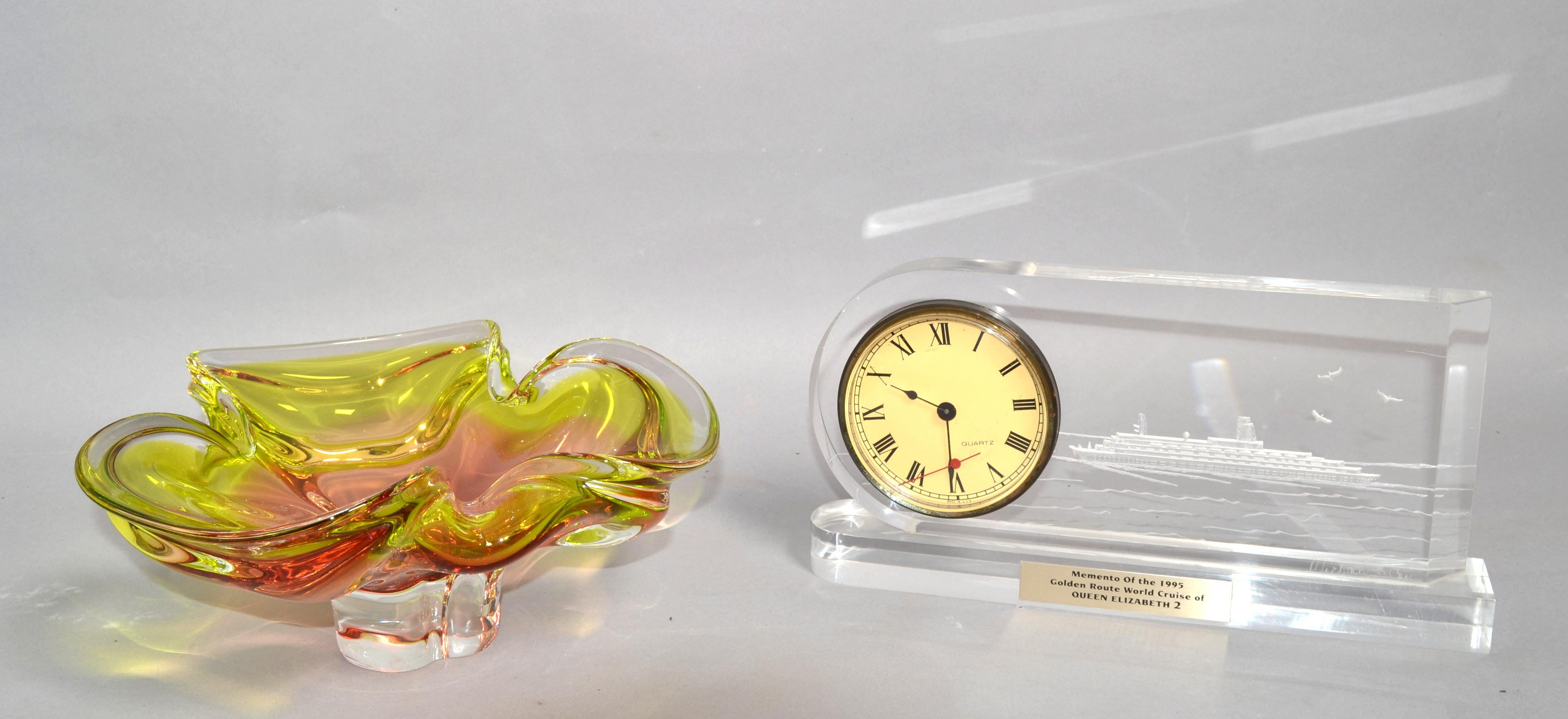 Michael F. COX Reverse Carved Lucite Desk Clock Queen Elizabeth 2 Cruise Ship 95 For Sale 1