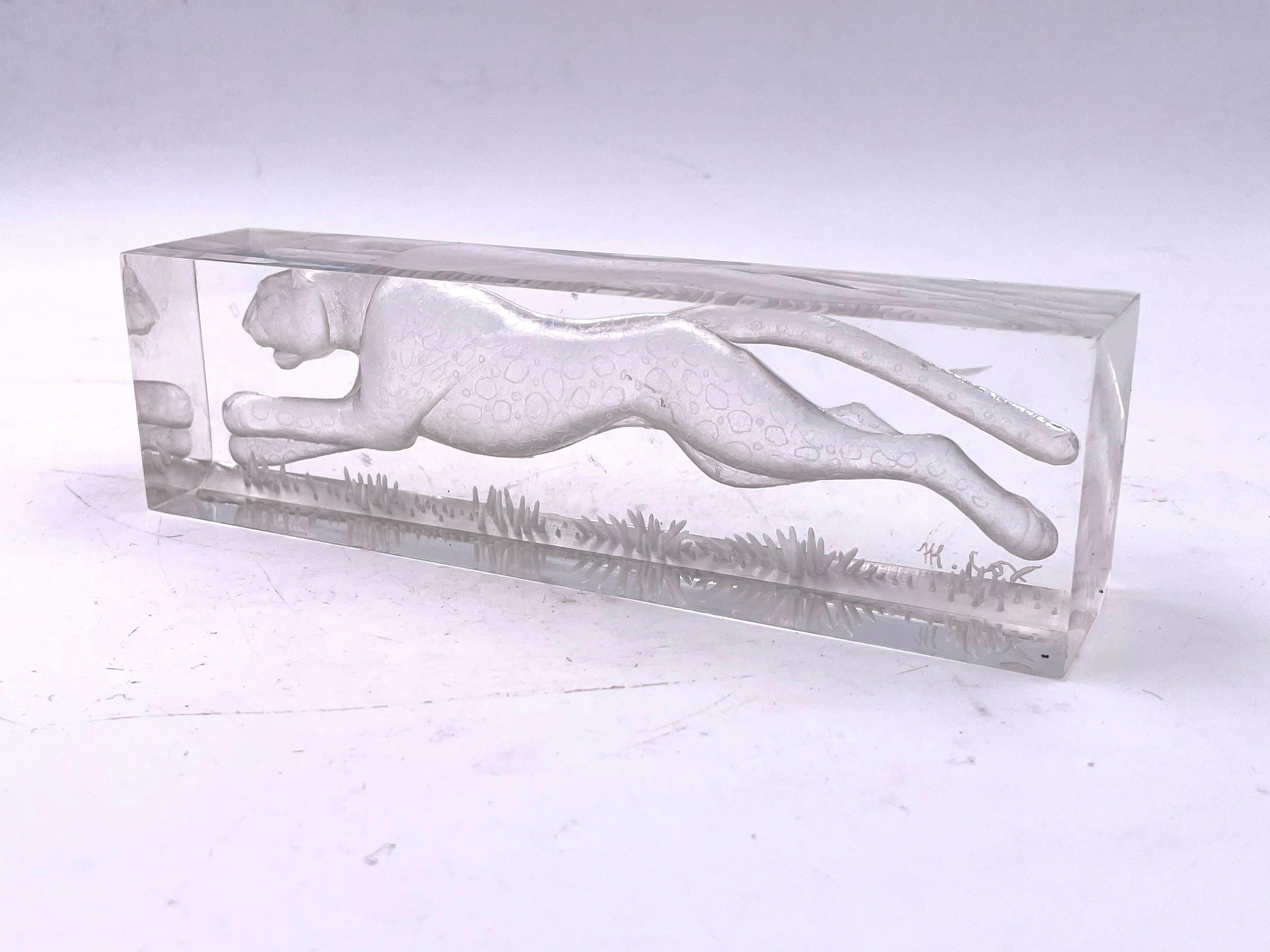 Post-Modern Michael F. Cox Reverse Carved Lucite Leopard Signed Art Sculpture For Sale