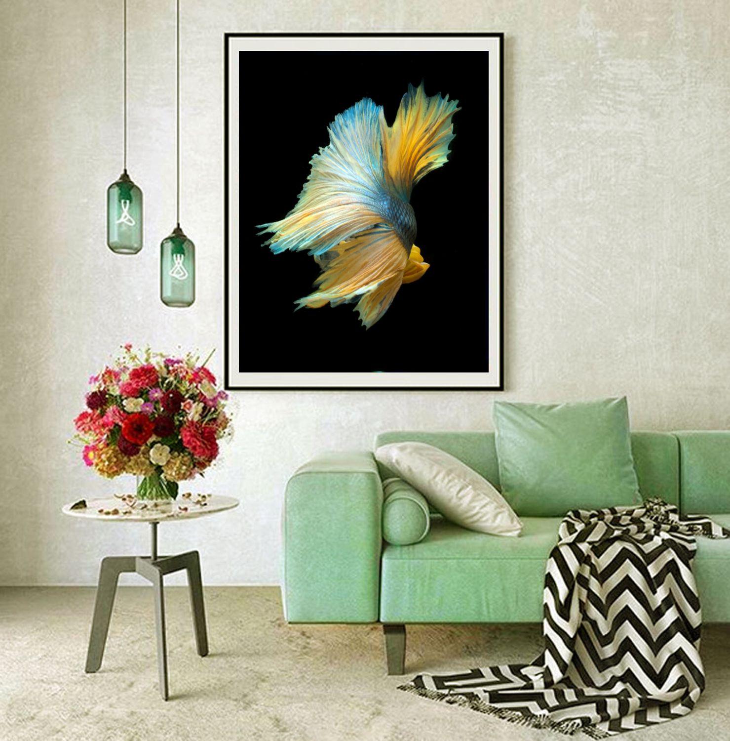 Color Photograph of a Yellow and Blue Betta Fish swimming on black.  Printed on Archival Fine Art Paper. :: Photograph :: Color :: This piece comes with an official certificate of authenticity signed by the artist :: Ready to Hang: No :: Signed: Yes