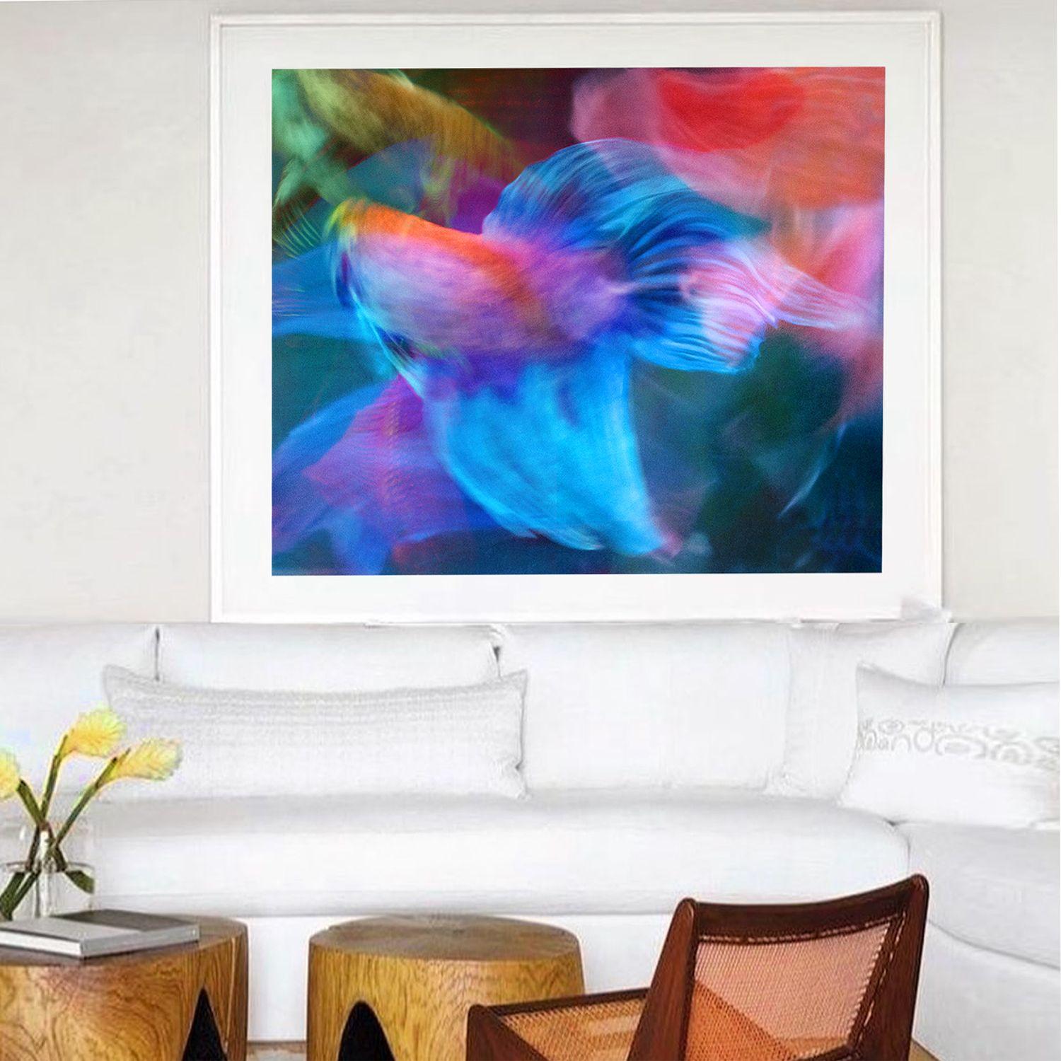 Color Photography of several male betta fish swimming together. Printed on Archival Fine Art Paper. :: Photograph :: Color :: This piece comes with an official certificate of authenticity signed by the artist :: Ready to Hang: Yes :: Signed: Yes ::