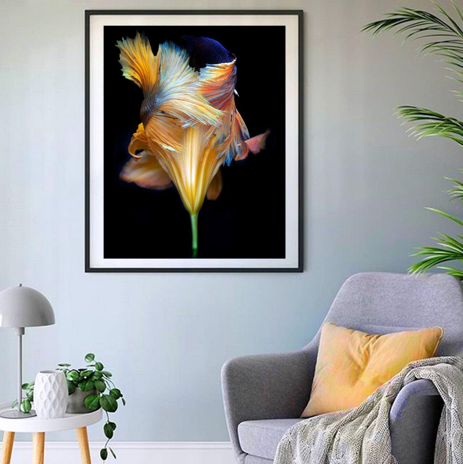 Color photograph of betta fish swimming around a gold flower. :: Photograph :: Color :: This piece comes with an official certificate of authenticity signed by the artist :: Ready to Hang: No :: Signed: Yes :: Signature Location: Signed and number