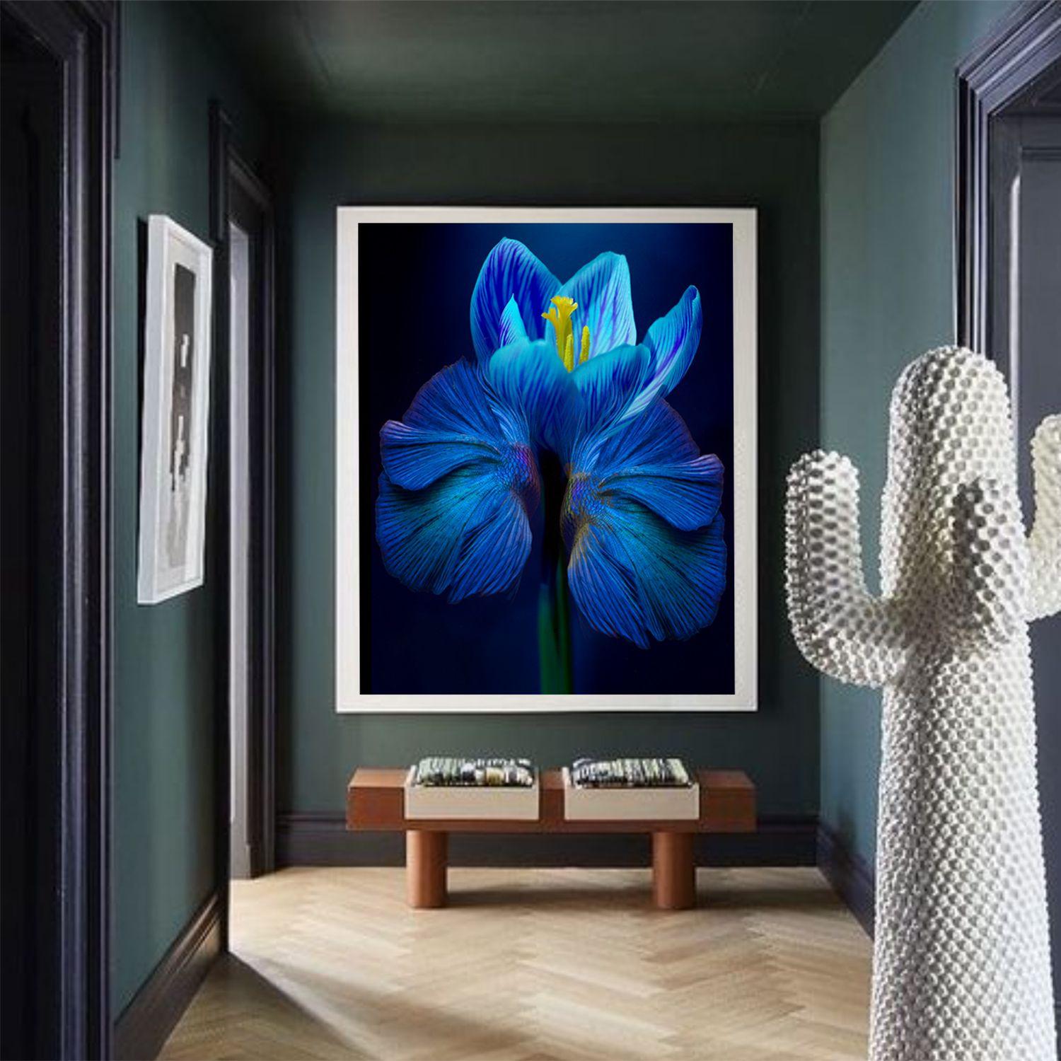 Color photograph of male betta fish swimming with a blue tulip.  Printed on Archival Fine Art Paper. :: Photograph :: Color :: This piece comes with an official certificate of authenticity signed by the artist :: Ready to Hang: No :: Signed: Yes ::