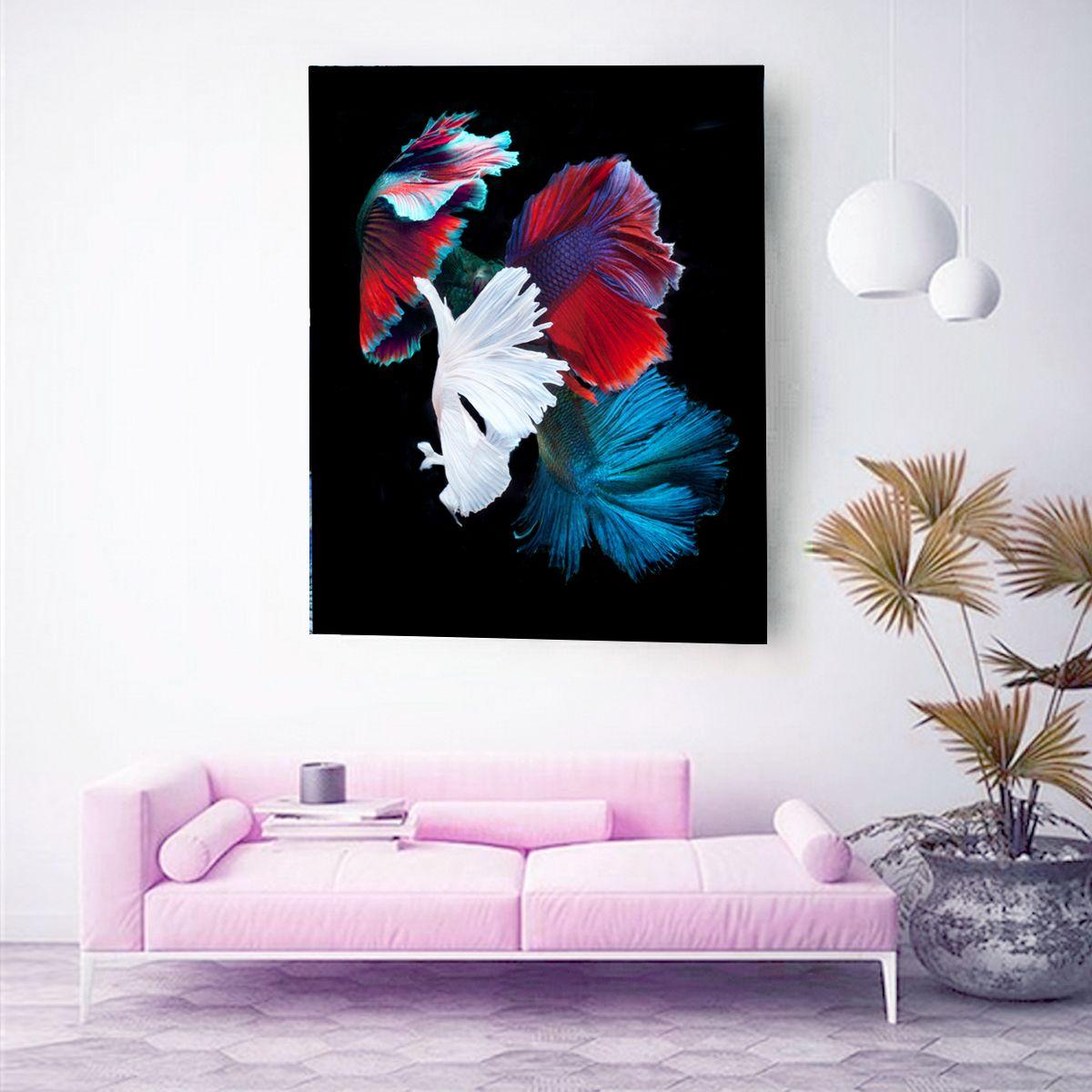 Photograph of 4 male Betta fish swimming on black. :: Photograph :: Color :: This piece comes with an official certificate of authenticity signed by the artist :: Ready to Hang: No :: Signed: Yes :: Signature Location: On Back ::  :: Portrait ::