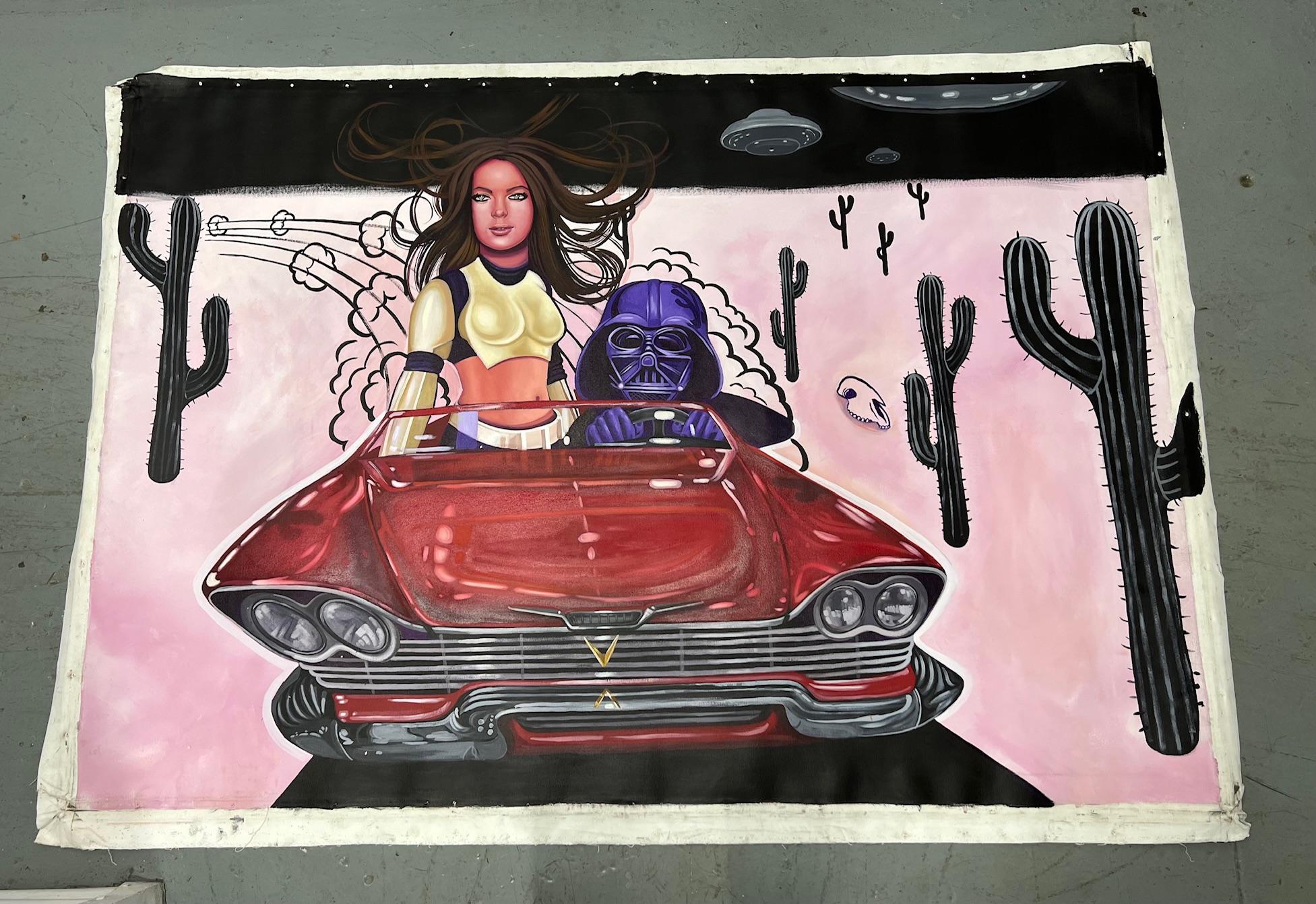 star wars zeitgenössische pop art handgemalt figurativ surreal rot rosa gerollt – Painting von Michael Forbes