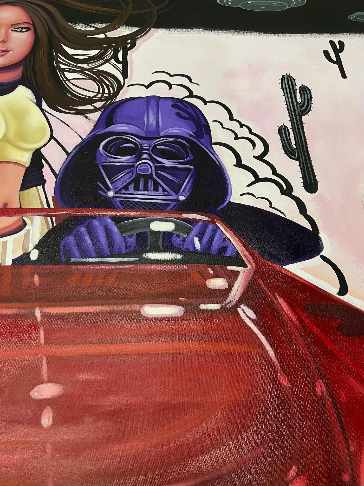 star wars zeitgenössische pop art handgemalt figurativ surreal rot rosa gerollt (Beige), Figurative Painting, von Michael Forbes