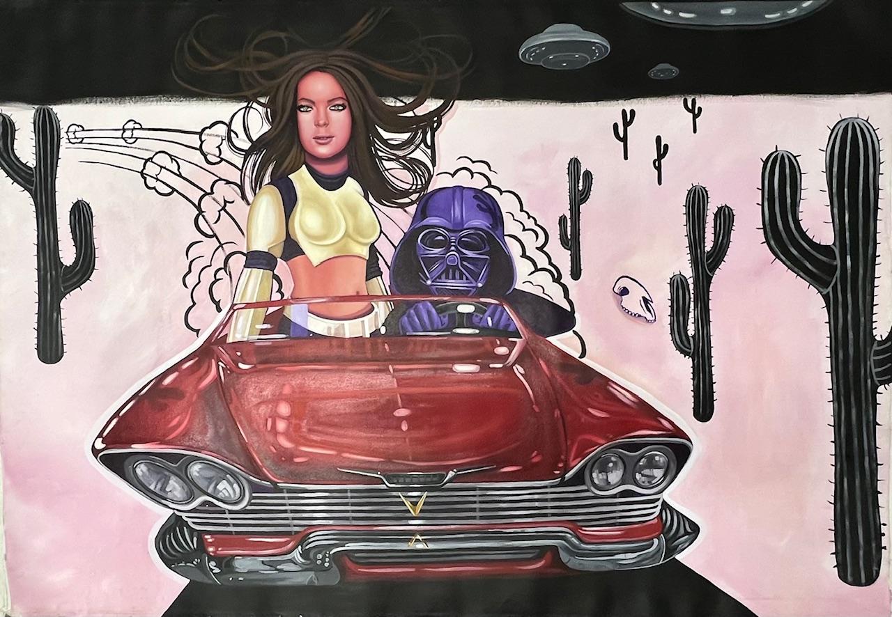 star wars contemporary pop art hand painted figurative surreal red pink rolled