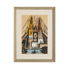 „"Chartres"" Zeitgenössische gotische Kathedralenlithographie in Orange, Gelb und Blau
