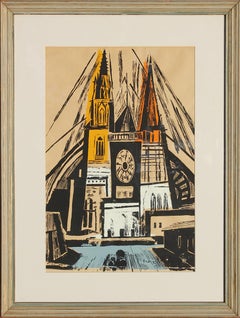 Lithographie de cathédrale gothique contemporaine orange, jaune et bleue « Chartres »