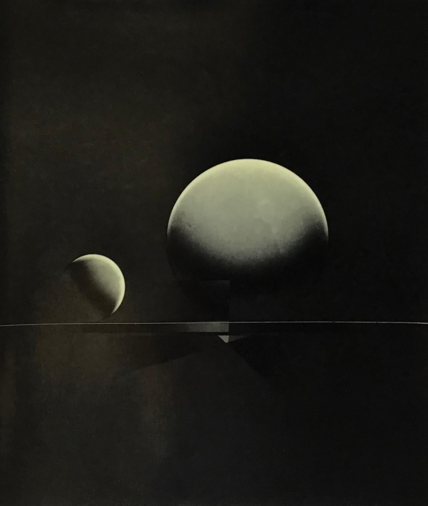 Michael G Jackson  Still-Life Photograph - ATO>MIC #11, Unique Silver Luminogram Print, Two Spheres; Moon and Sun like...
