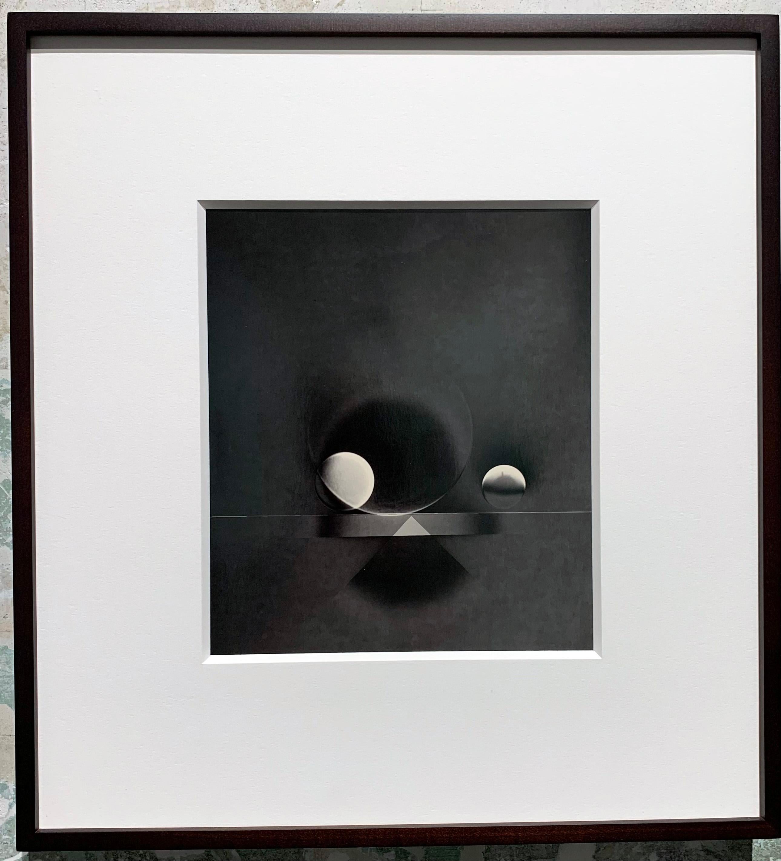 ATO>MIC #13, Unique Silver Luminogram Print, Two spheres and triangle with shade - Black Abstract Print by Michael G Jackson 