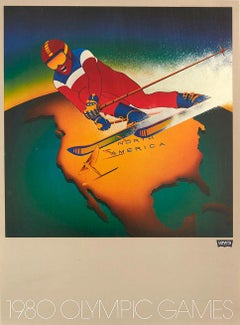 Póster deportivo vintage original Levi's Moscú 1980 Juegos Olímpicos Norteamérica Esquí