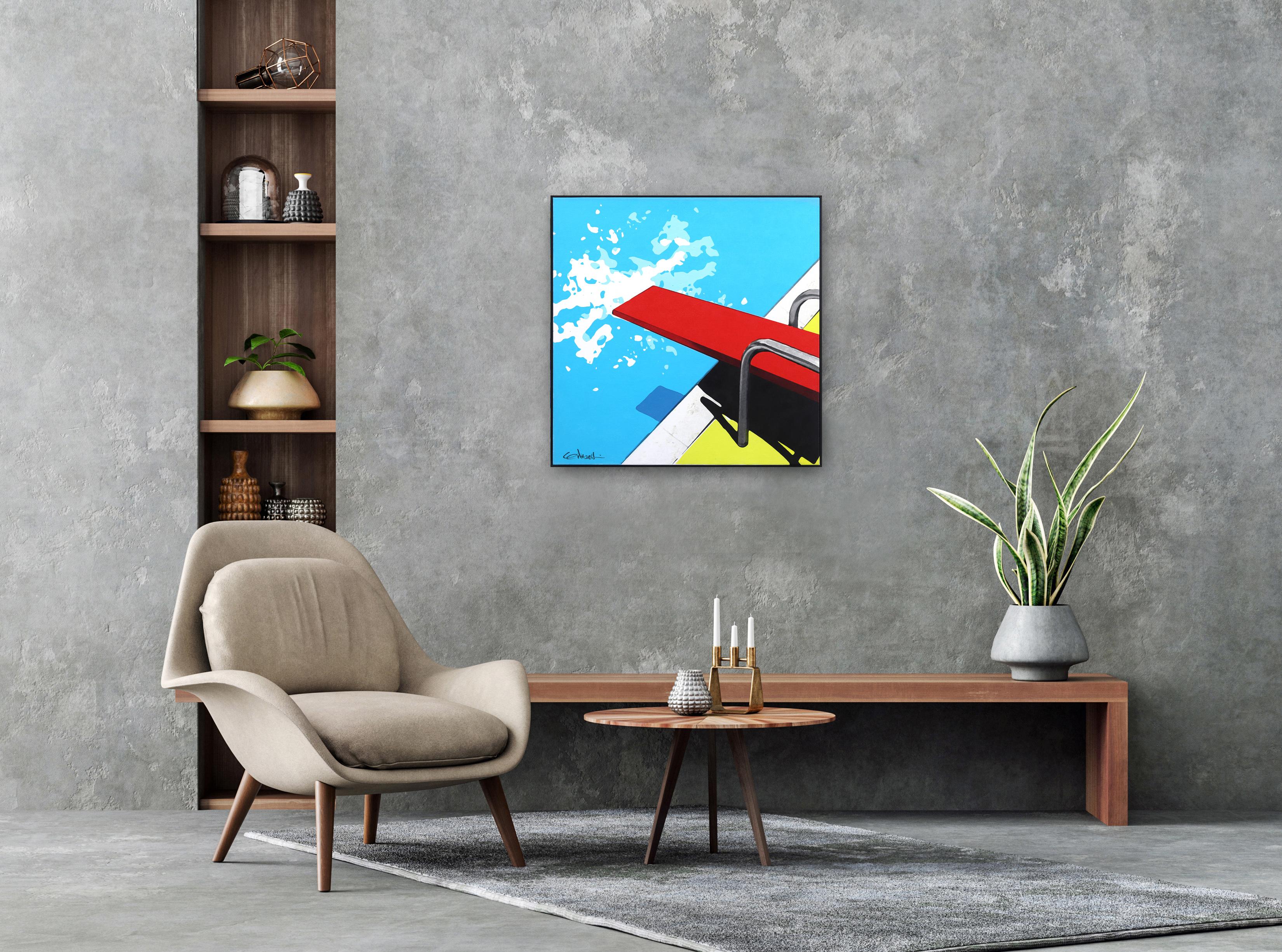 Peinture d'eau vibrante originale d'un plongeoir bleu profond encadrée, mi-siècle moderne - Painting de Michael Giliberti