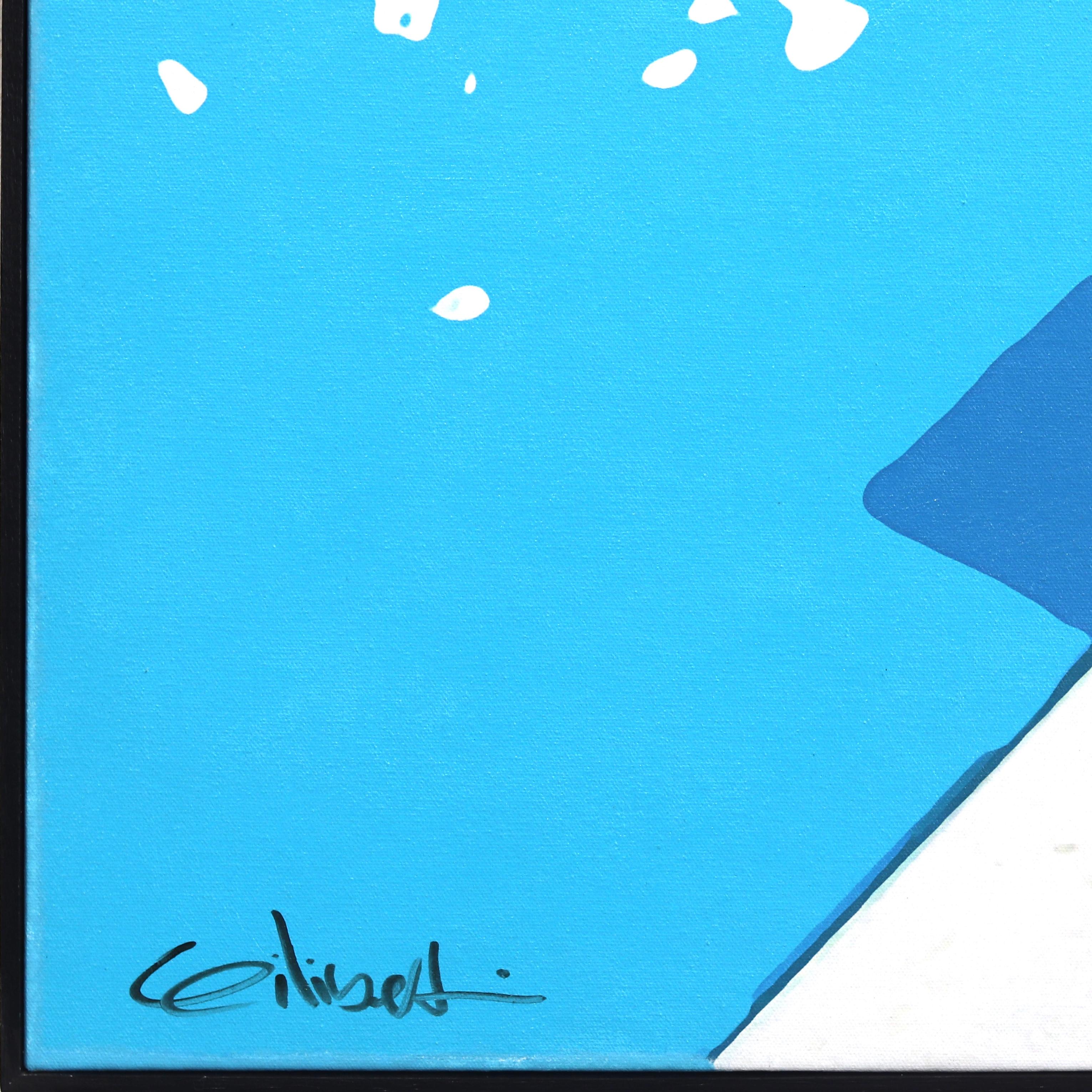 Peinture d'eau vibrante originale d'un plongeoir bleu profond encadrée, mi-siècle moderne 2