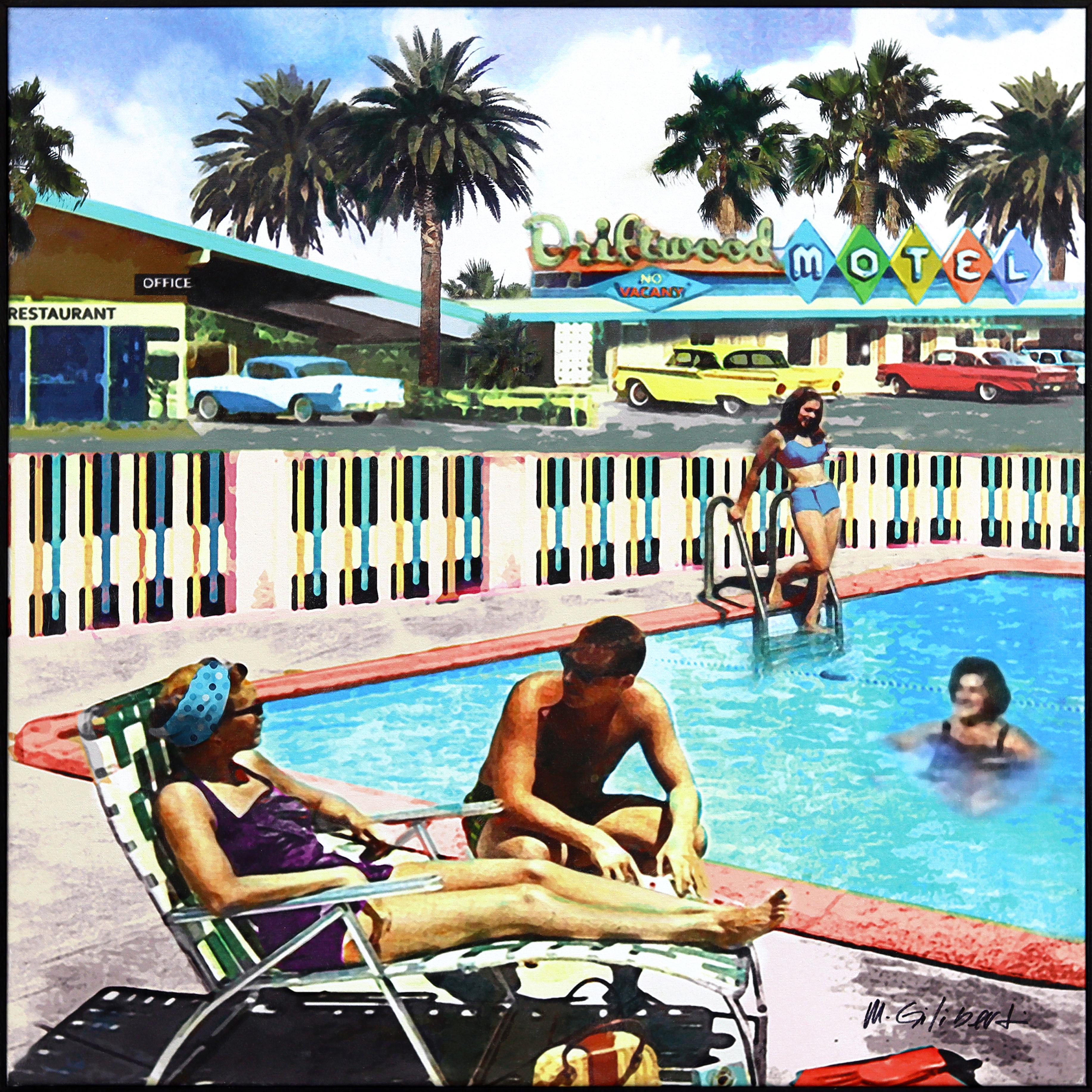 Driftwood Motel - Framed Original Figurative Still Life Mid Century Modern Art - Mixed Media Art by Michael Giliberti