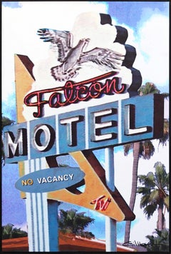 Falcon Motel – Gerahmtes modernes Motel- Originalgemälde auf Leinwand